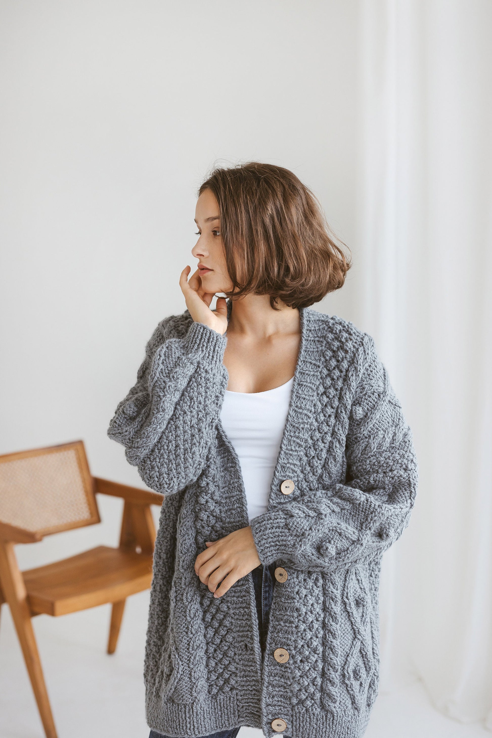 Gray super chunky knit alpaca wool cardigan with buttons, Irish cable knitted grey oversized women&#39;s sweater, thick jacket with braids, gift