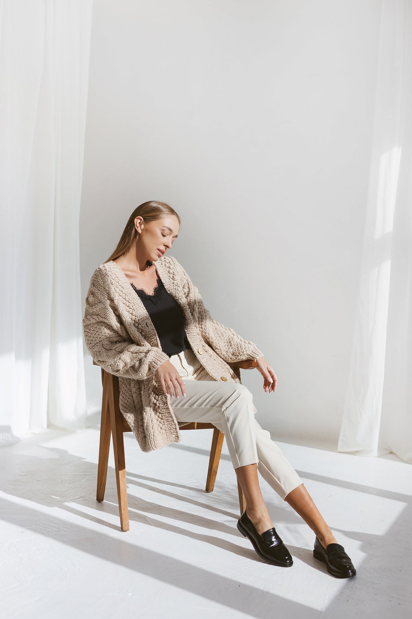 Beige Oversized Alpaca Cardigan With Buttons, Chunky Cable Knit Cardigan, Creamy Irish Women Sweater, Handmade Wool Cardigan For Women, Gift