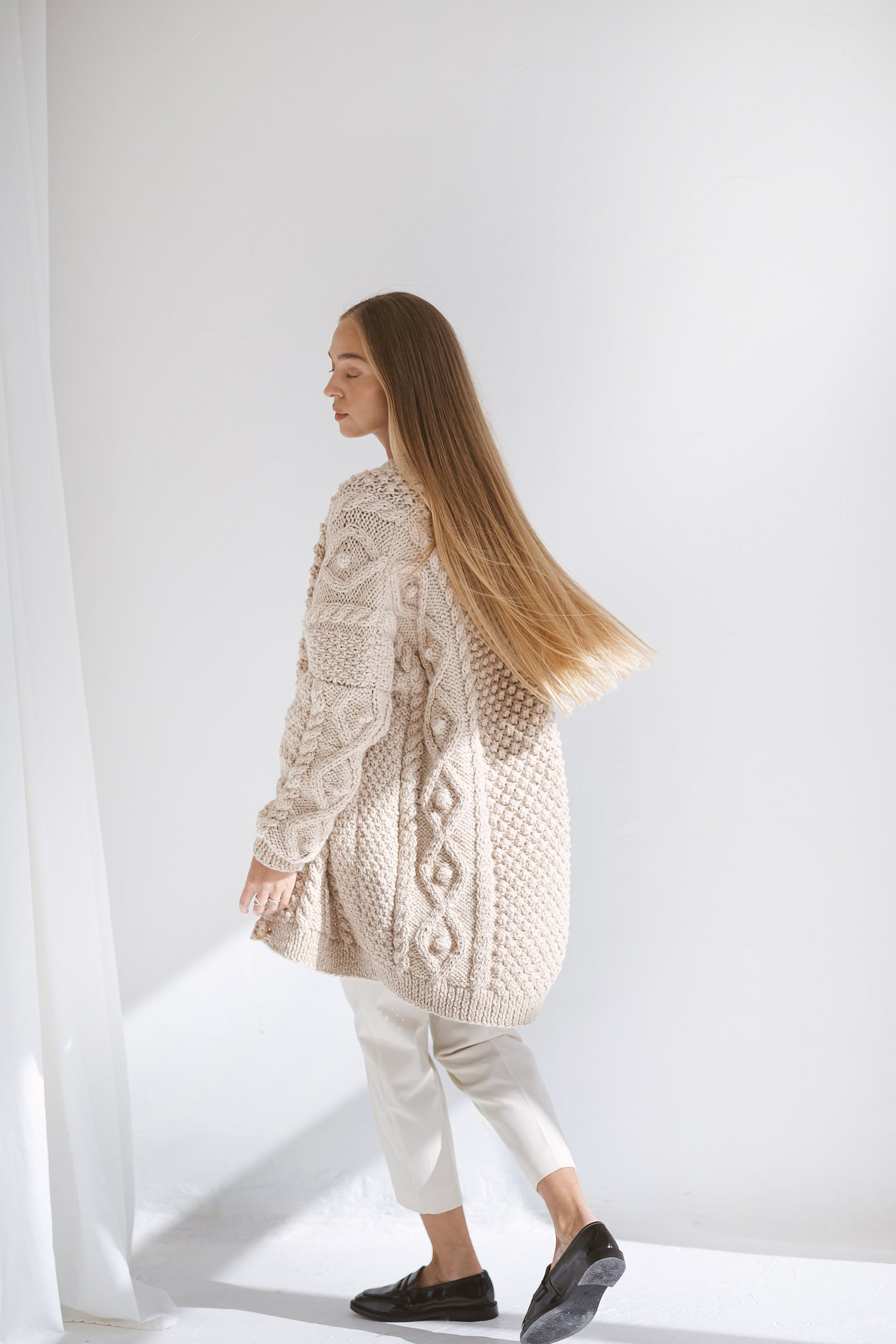 Beige Oversized Alpaca Cardigan With Buttons, Chunky Cable Knit Cardigan, Creamy Irish Women Sweater, Handmade Wool Cardigan For Women, Gift