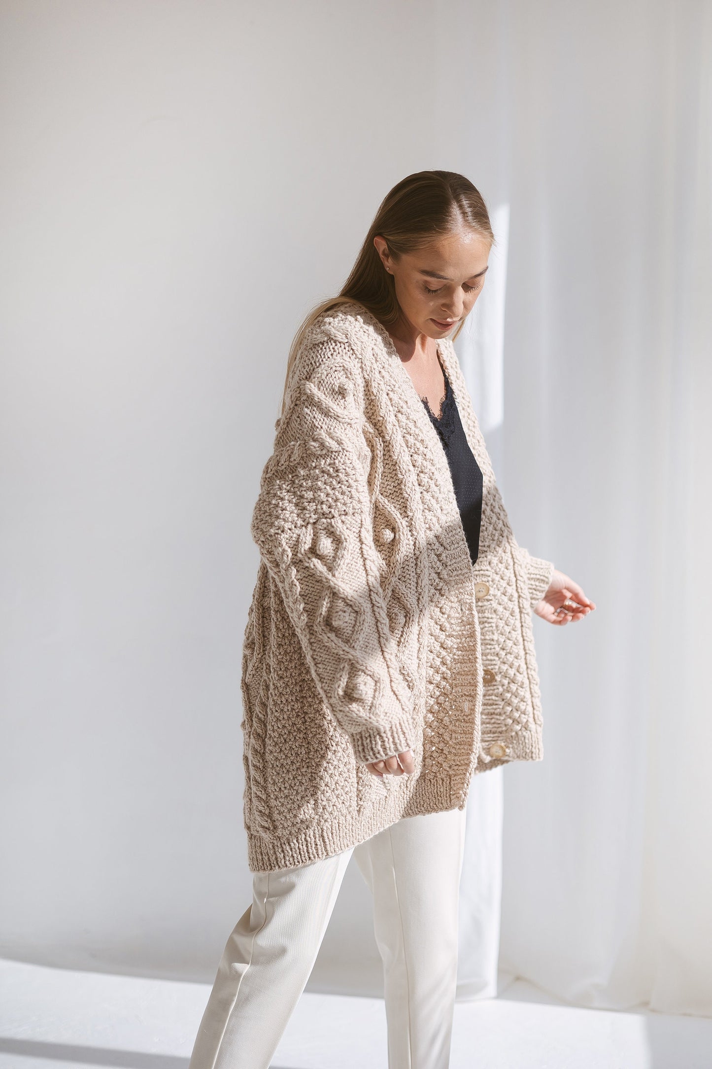 Beige Oversized Alpaca Cardigan With Buttons, Chunky Cable Knit Cardigan, Creamy Irish Women Sweater, Handmade Wool Cardigan For Women, Gift