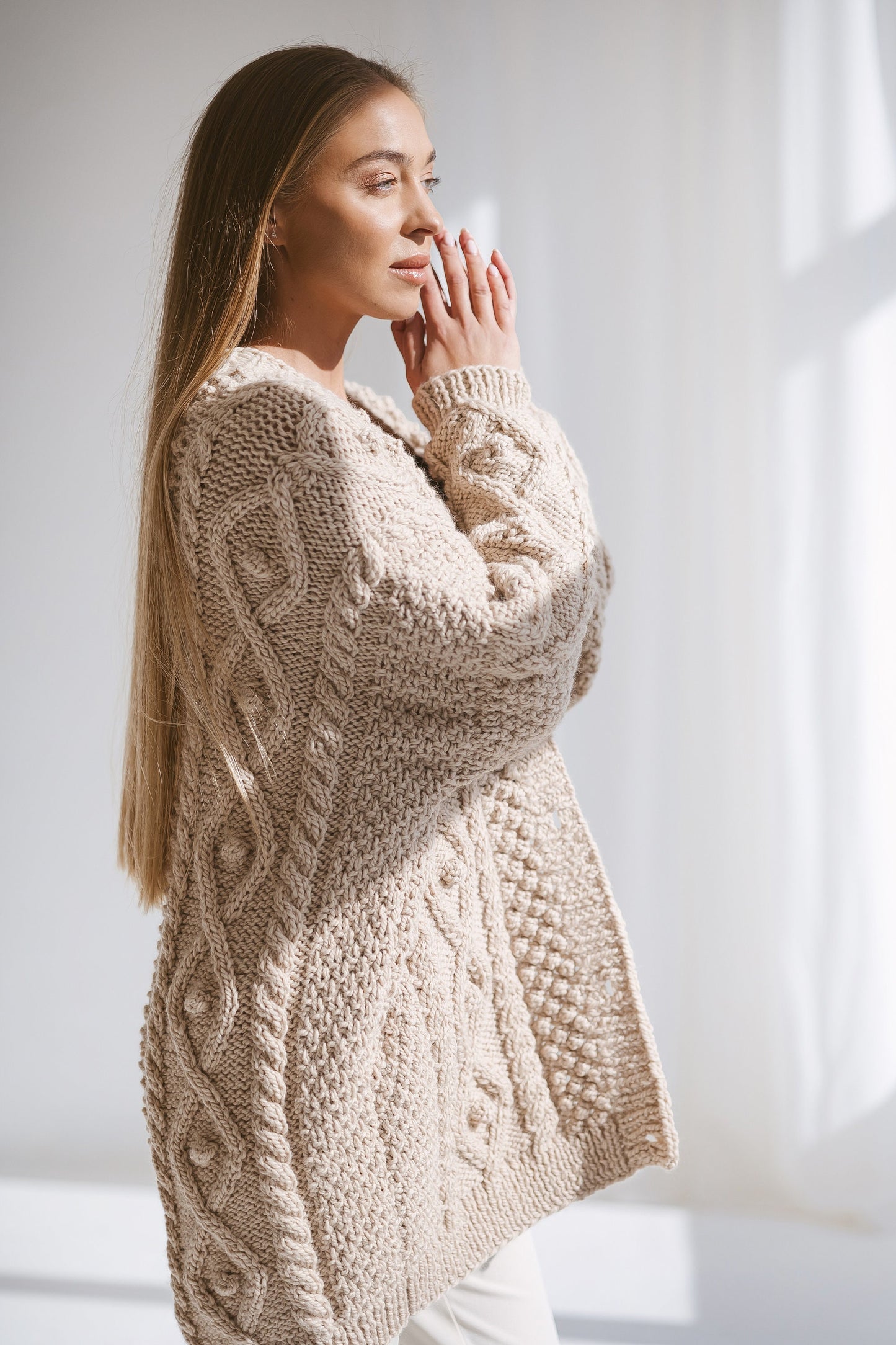 Beige Oversized Alpaca Cardigan With Buttons, Chunky Cable Knit Cardigan, Creamy Irish Women Sweater, Handmade Wool Cardigan For Women, Gift