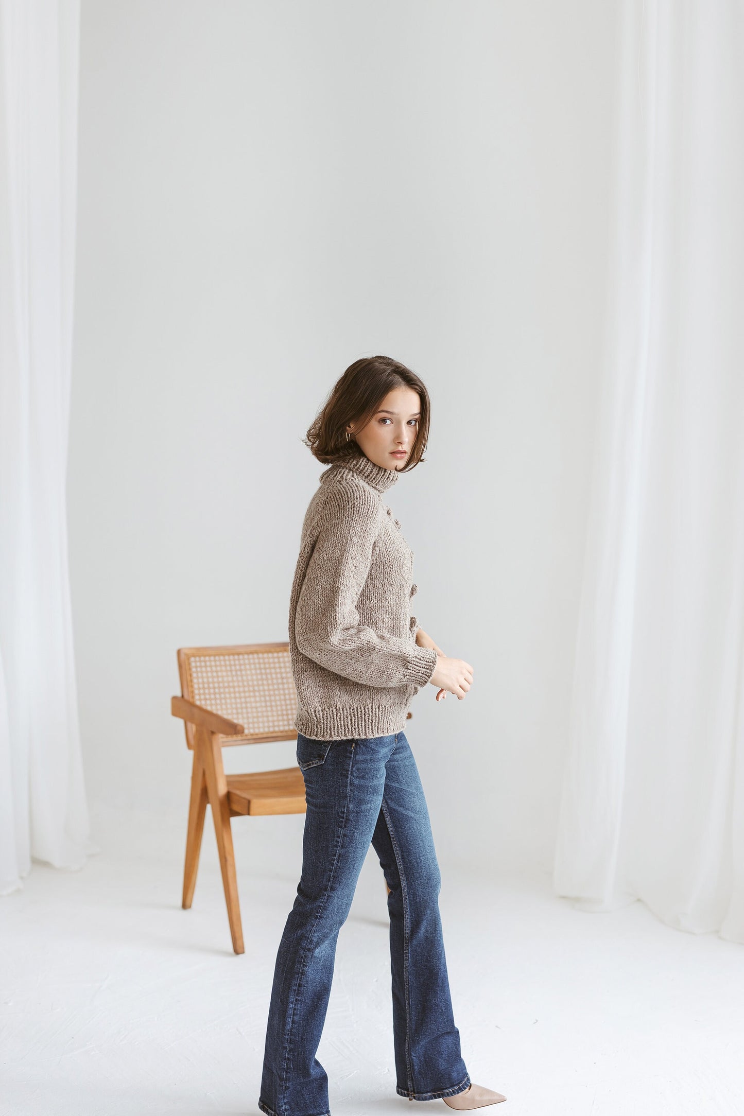 Chunky knit camel beige turtleneck alpaca wool sweater, brown cable knitted women&#39;s pullover, taupe roll neck hand made jumper with braid