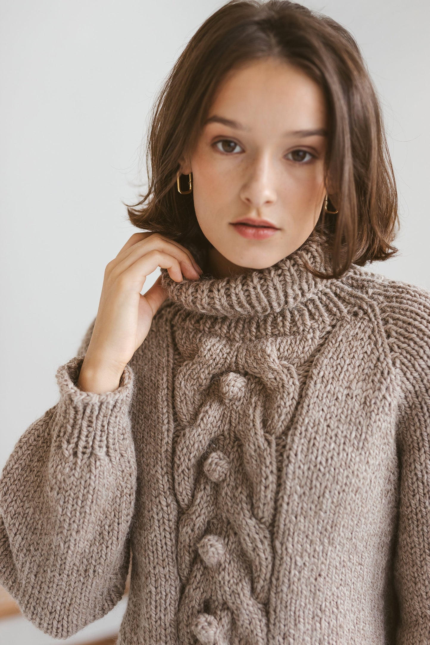 Chunky knit camel beige turtleneck alpaca wool sweater, brown cable knitted women&#39;s pullover, taupe roll neck hand made jumper with braid