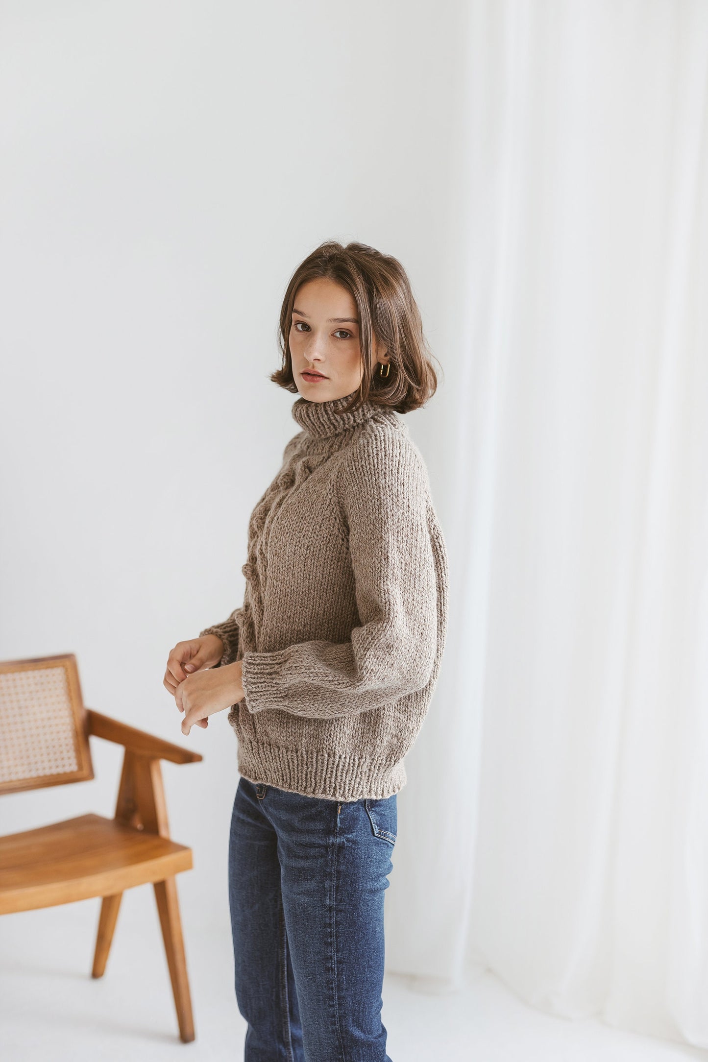 Chunky knit camel beige turtleneck alpaca wool sweater, brown cable knitted women's pullover, taupe roll neck hand made jumper with braid