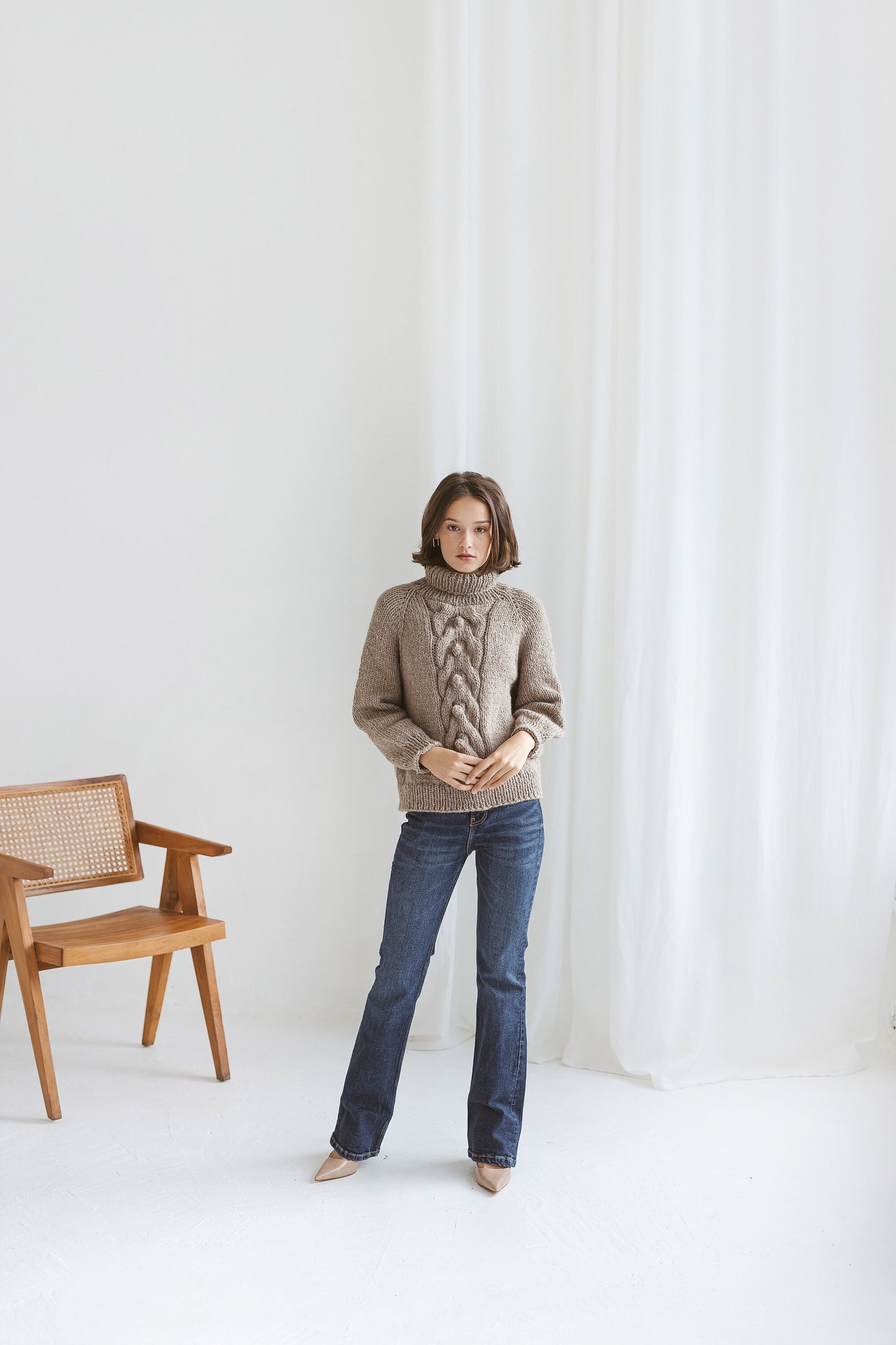 Chunky knit camel beige turtleneck alpaca wool sweater, brown cable knitted women's pullover, taupe roll neck hand made jumper with braid