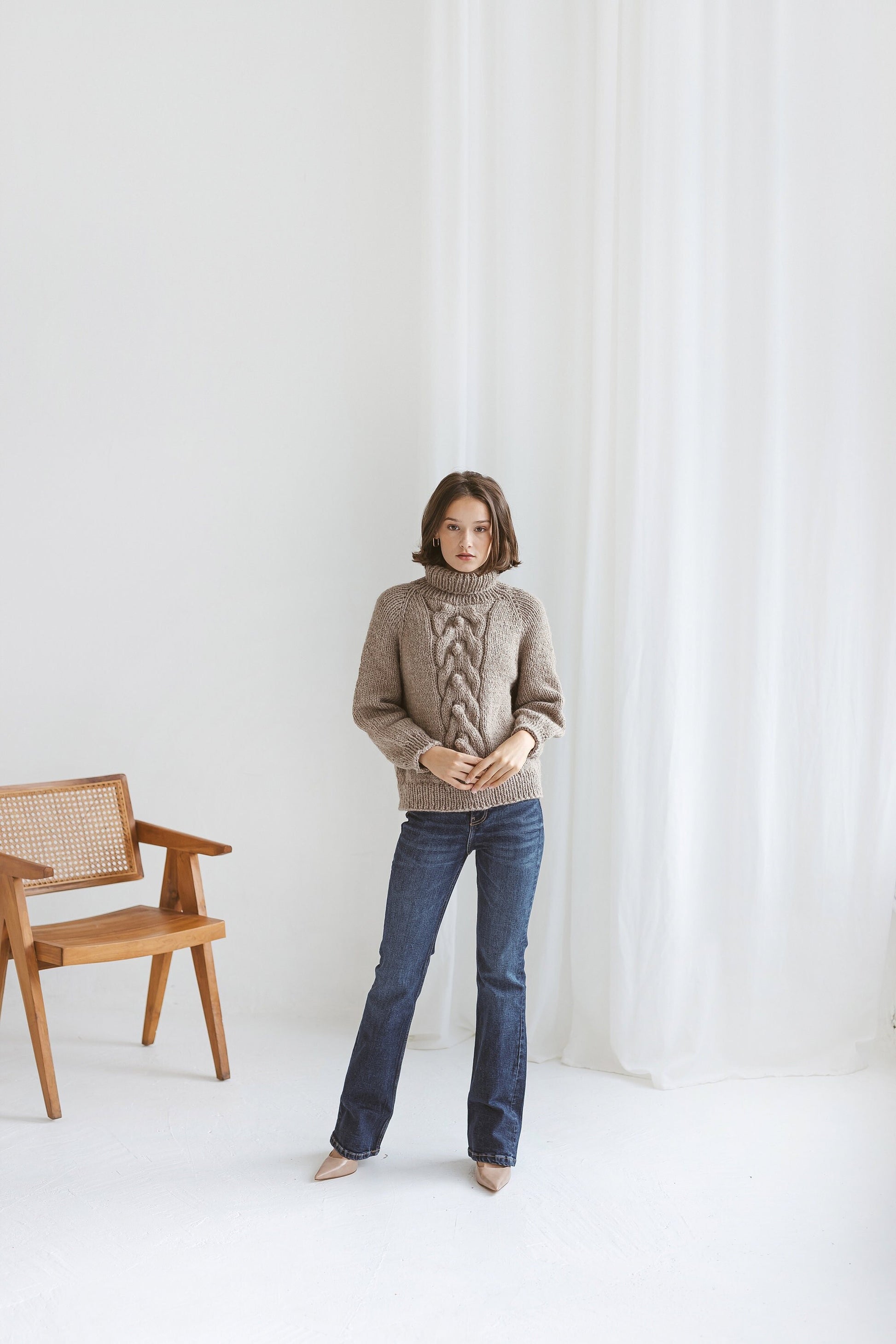 Chunky knit camel beige turtleneck alpaca wool sweater, brown cable knitted women's pullover, taupe roll neck hand made jumper with braid