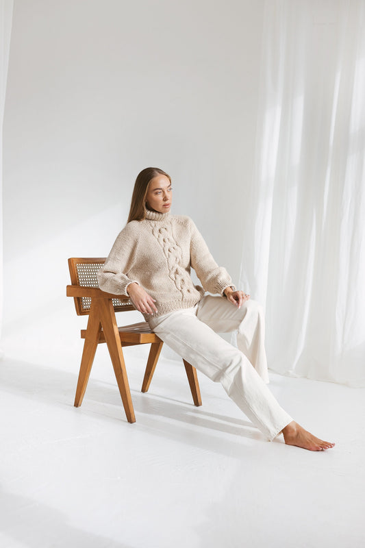 Light Beige Relaxed Fit Alpaca Sweater, Chunky Turtleneck Creamy Wool Sweater, Nude Cable Knit Women Pullover, Knitted Jumper With High Neck