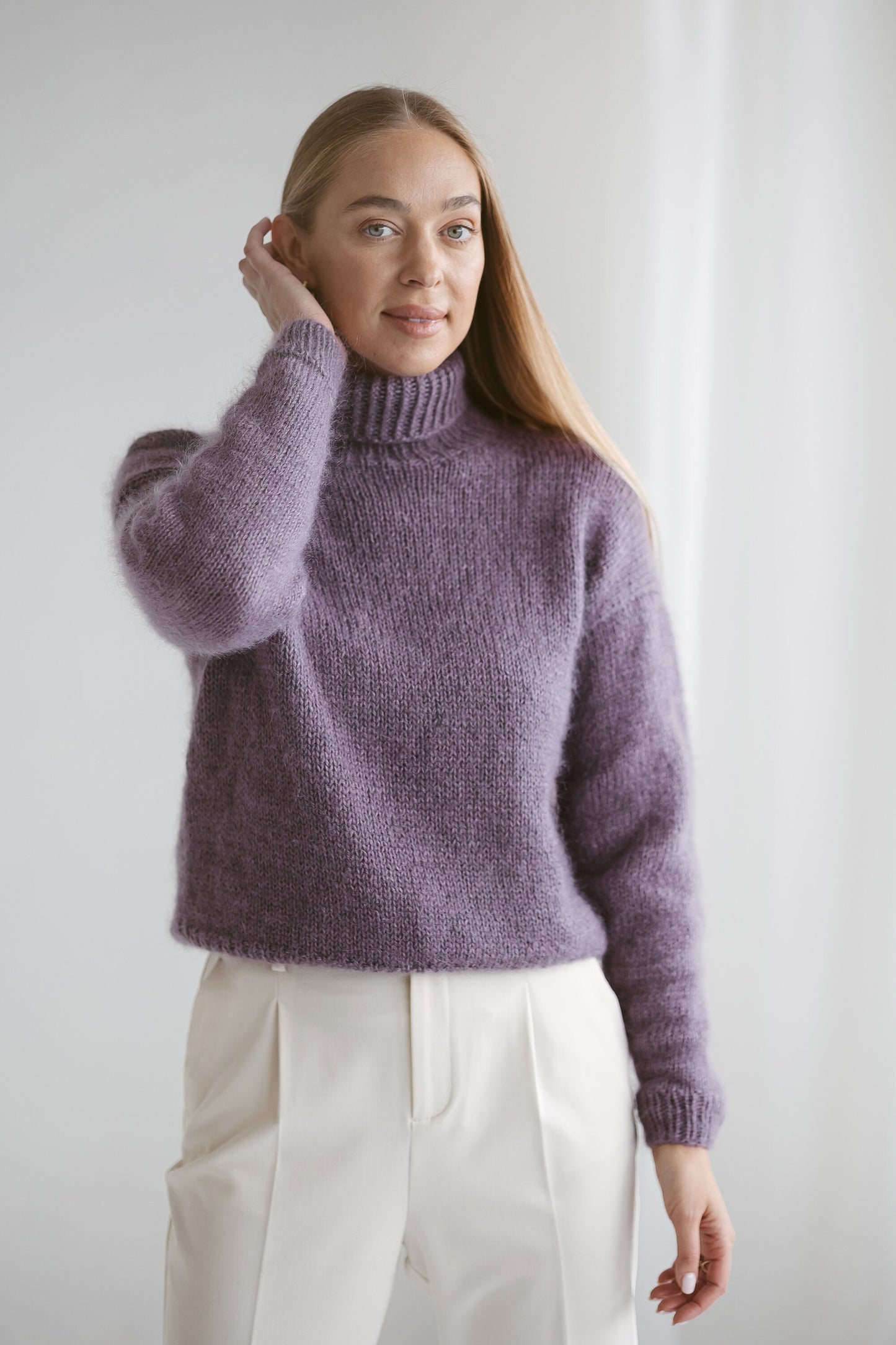 Purple mohair sweater, violet cable knit alpaca pullover, heather fuzzy mohair turtleneck jumper, fluffy mohair high neck sweater, gift