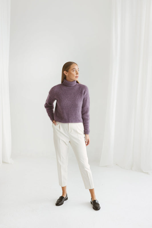 Purple mohair sweater, violet cable knit alpaca pullover, heather fuzzy mohair turtleneck jumper, fluffy mohair high neck sweater, gift