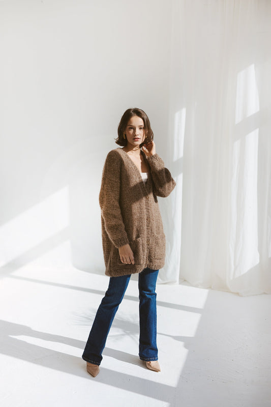 Beige Alpaca Cardigan With Pockets, Burned Caramel Relaxed Cable Knit Buttoned Cardigan, Brown Long Chunky Knit Wool Sweater With Buttons