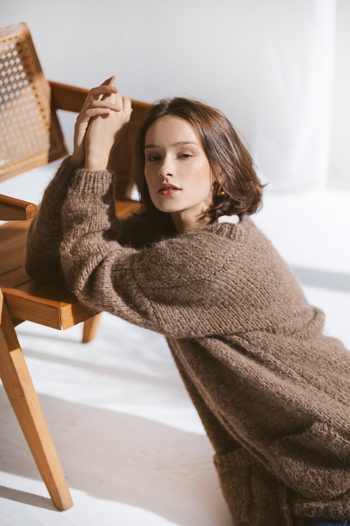 Beige Alpaca Cardigan With Pockets, Burned Caramel Relaxed Cable Knit Buttoned Cardigan, Brown Long Chunky Knit Wool Sweater With Buttons