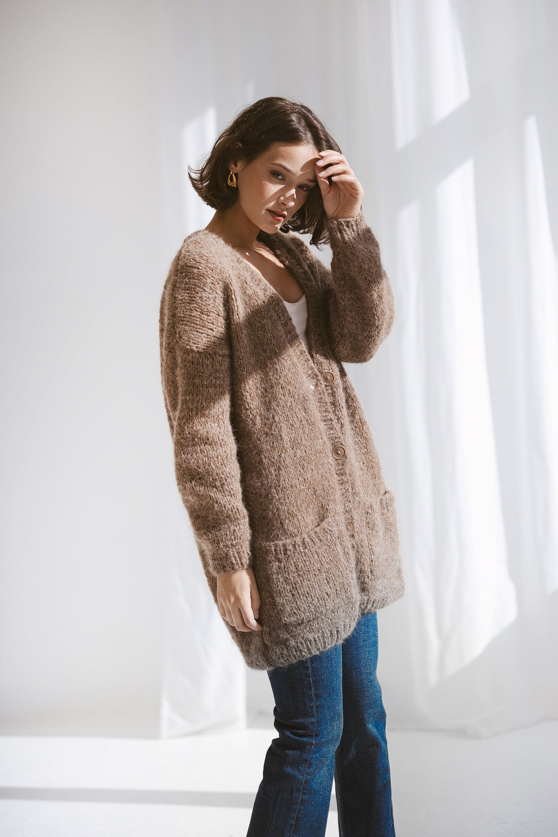 Beige Alpaca Cardigan With Pockets, Burned Caramel Relaxed Cable Knit Buttoned Cardigan, Brown Long Chunky Knit Wool Sweater With Buttons