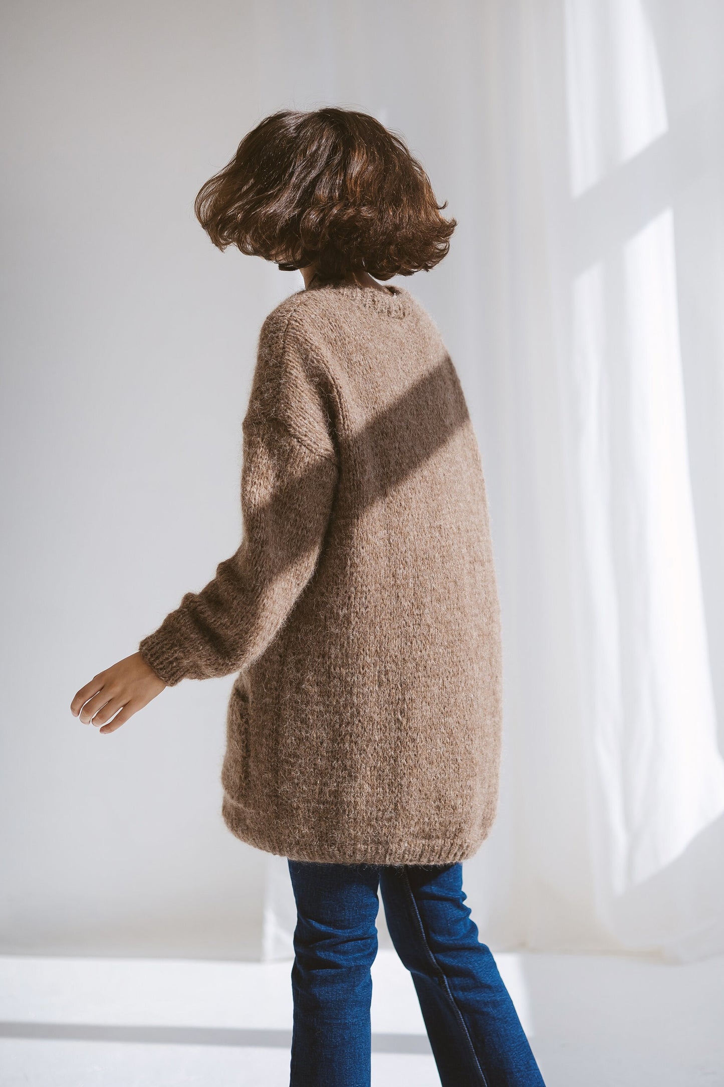 Beige Alpaca Cardigan With Pockets, Burned Caramel Relaxed Cable Knit Buttoned Cardigan, Brown Long Chunky Knit Wool Sweater With Buttons