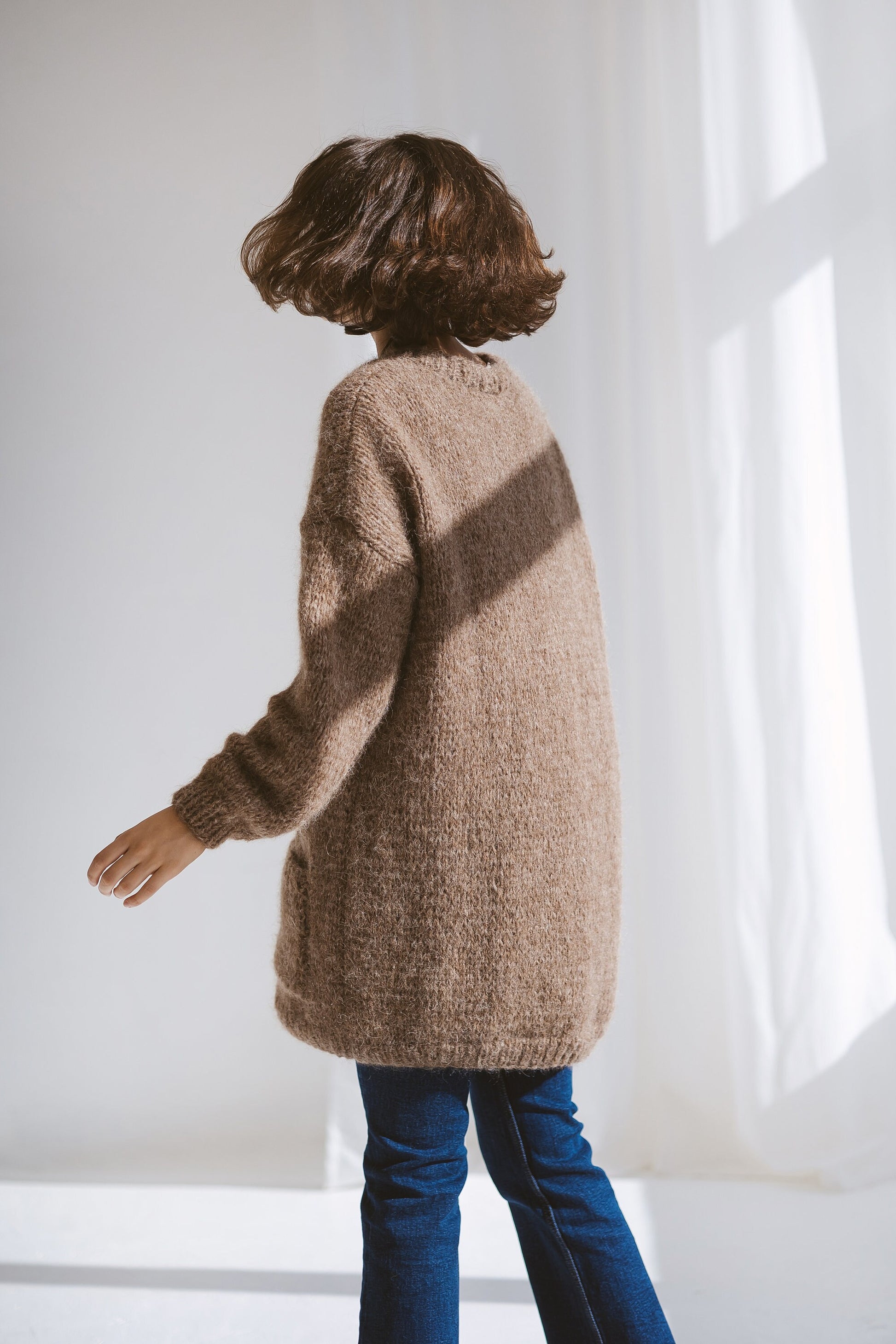 Beige Alpaca Cardigan With Pockets, Burned Caramel Relaxed Cable Knit Buttoned Cardigan, Brown Long Chunky Knit Wool Sweater With Buttons
