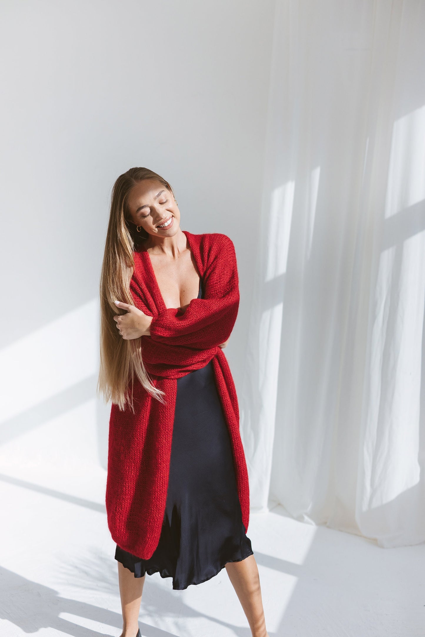 Long red mohair cardigan, oversized mohair sweater, cable knit alpaca sweater, rose red coat, chunky knitted cardigan with balloon sleeves