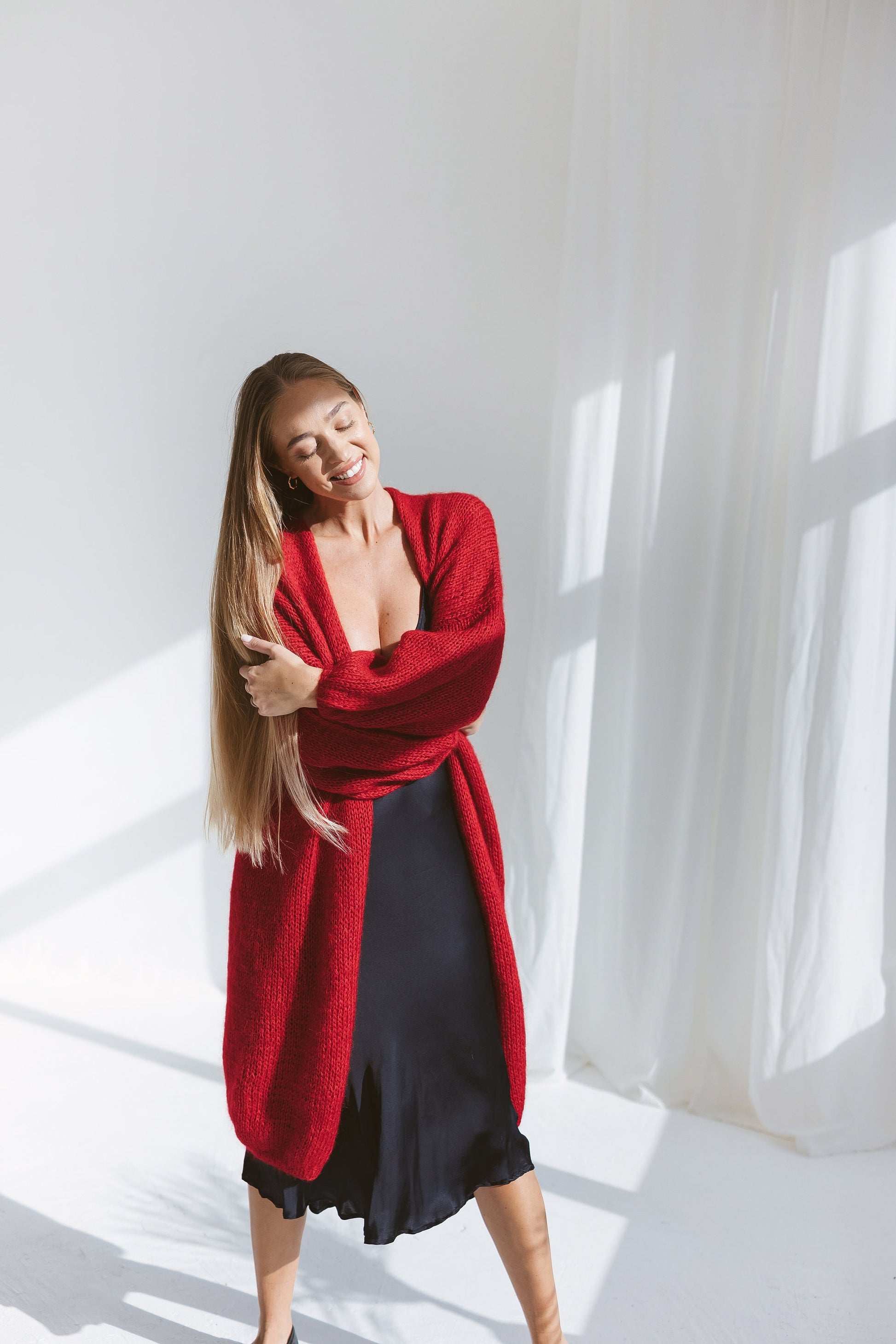 Long red mohair cardigan, oversized mohair sweater, cable knit alpaca sweater, rose red coat, chunky knitted cardigan with balloon sleeves