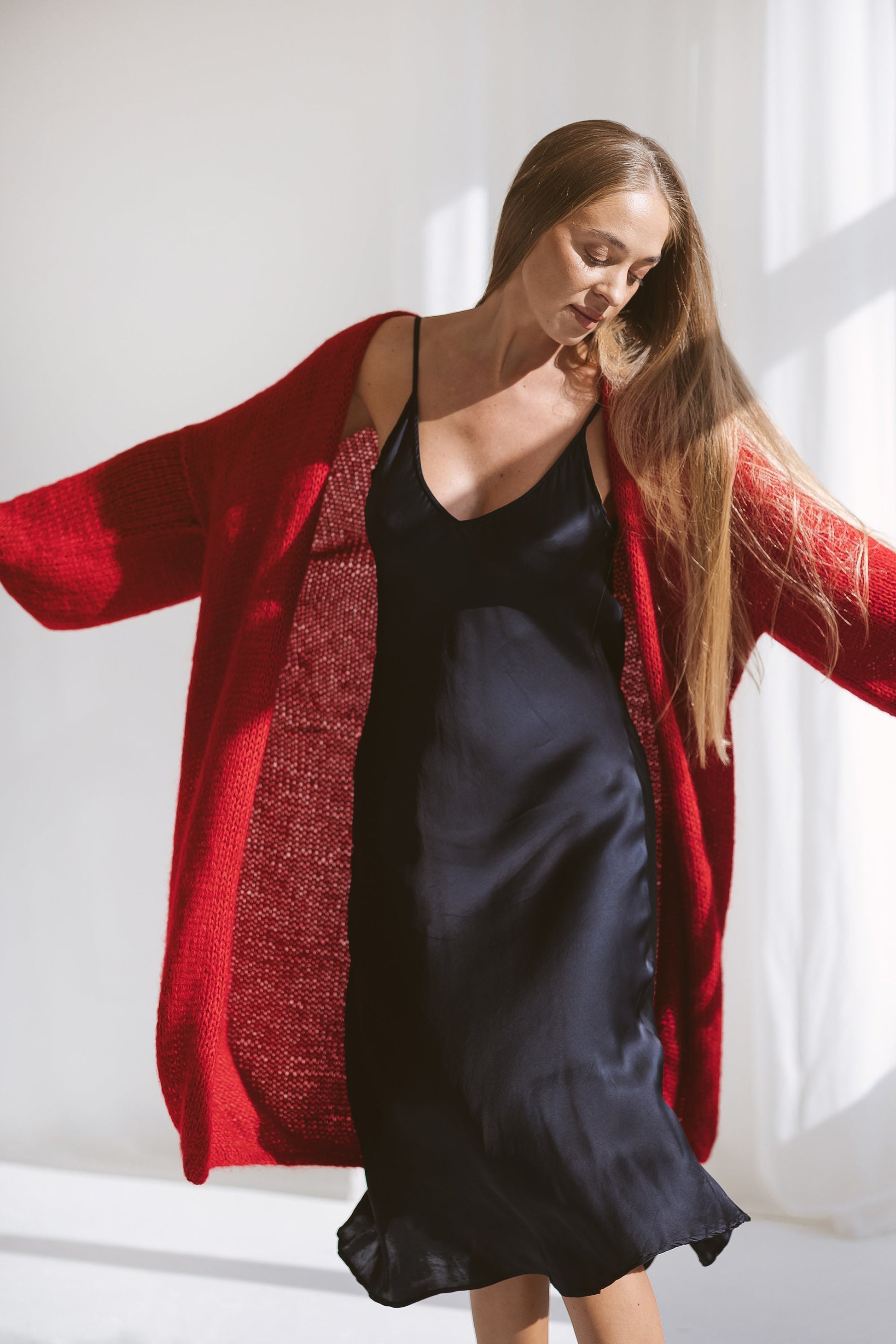 Long red mohair cardigan, oversized mohair sweater, cable knit alpaca sweater, rose red coat, chunky knitted cardigan with balloon sleeves