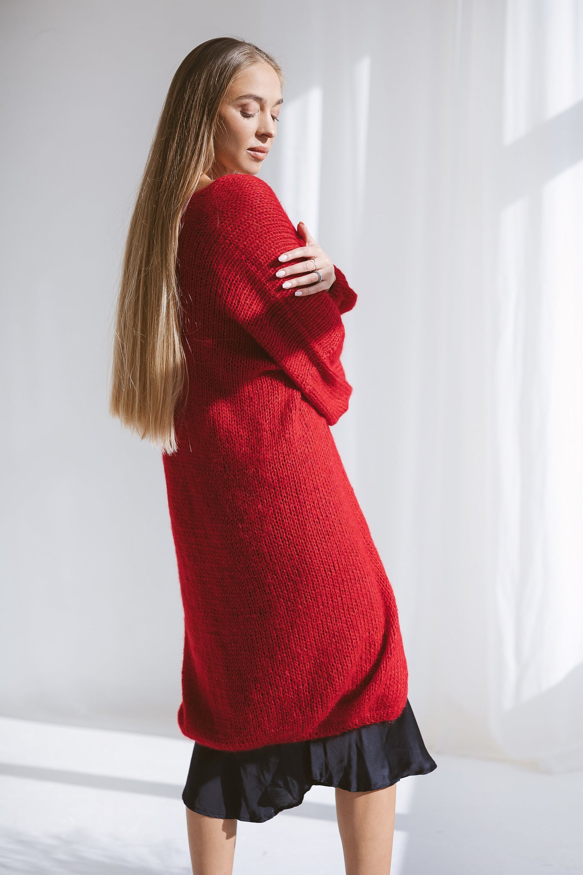 Long red mohair cardigan, oversized mohair sweater, cable knit alpaca sweater, rose red coat, chunky knitted cardigan with balloon sleeves