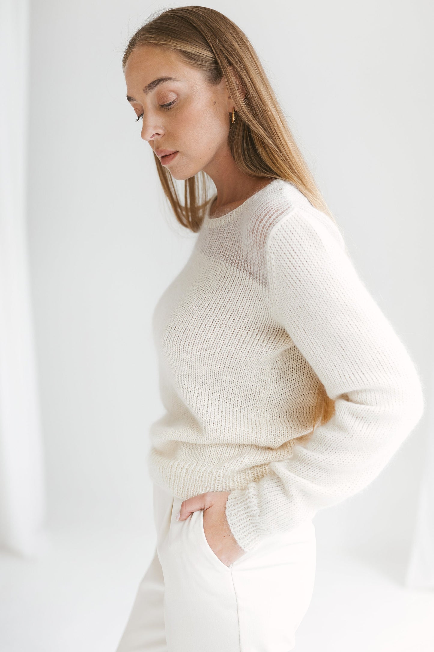 White mohair sweater, regular fit alpaca jumper, cable knit mohair pullover, fuzzy crewneck knitted sweater, milky white wool jumper, gift