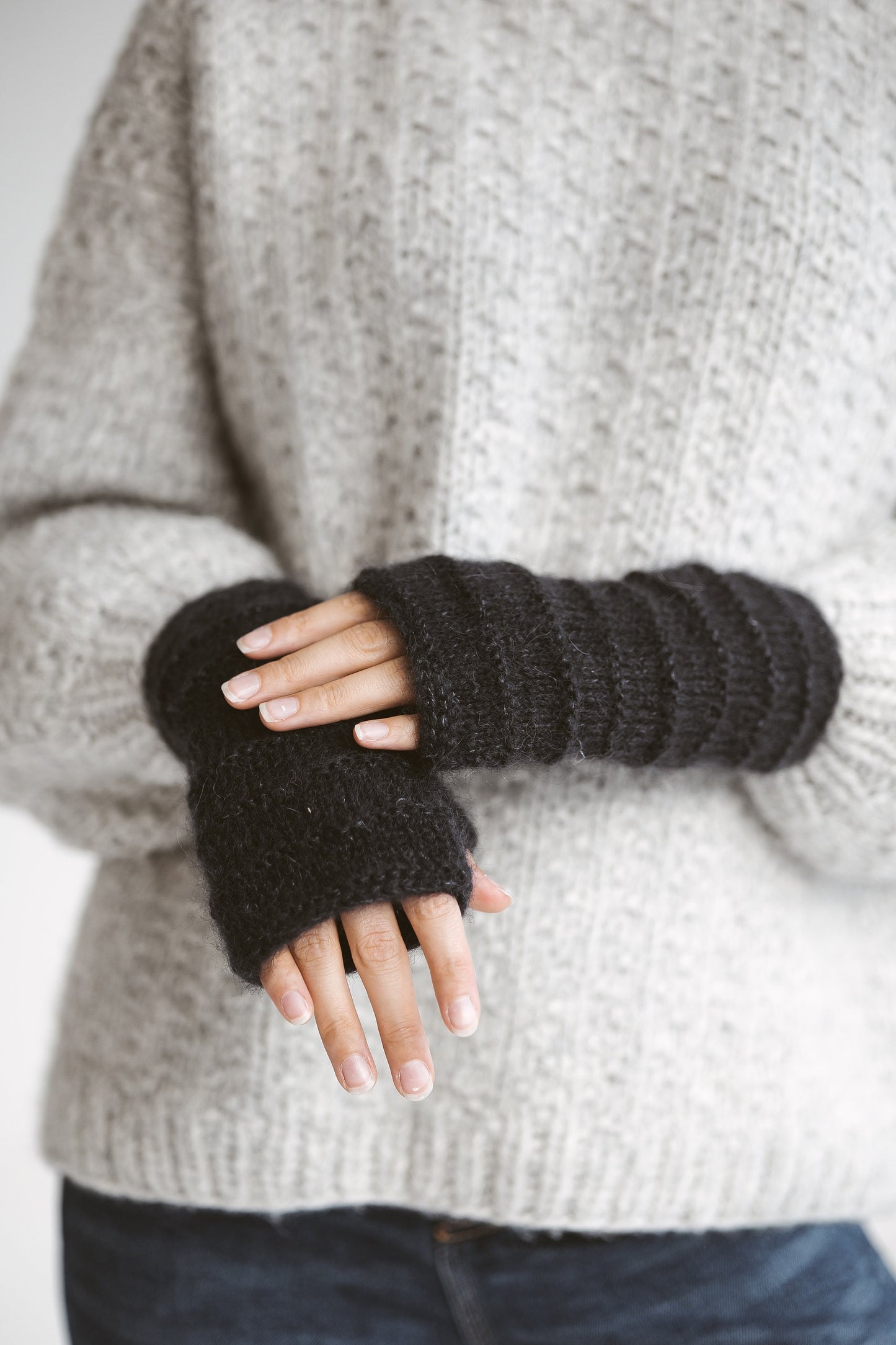 Black mohair fingerless gloves, cable knit women mittens, knitted hand warmers, alpaca wool fingerless winter gloves, gift, long warm gloves