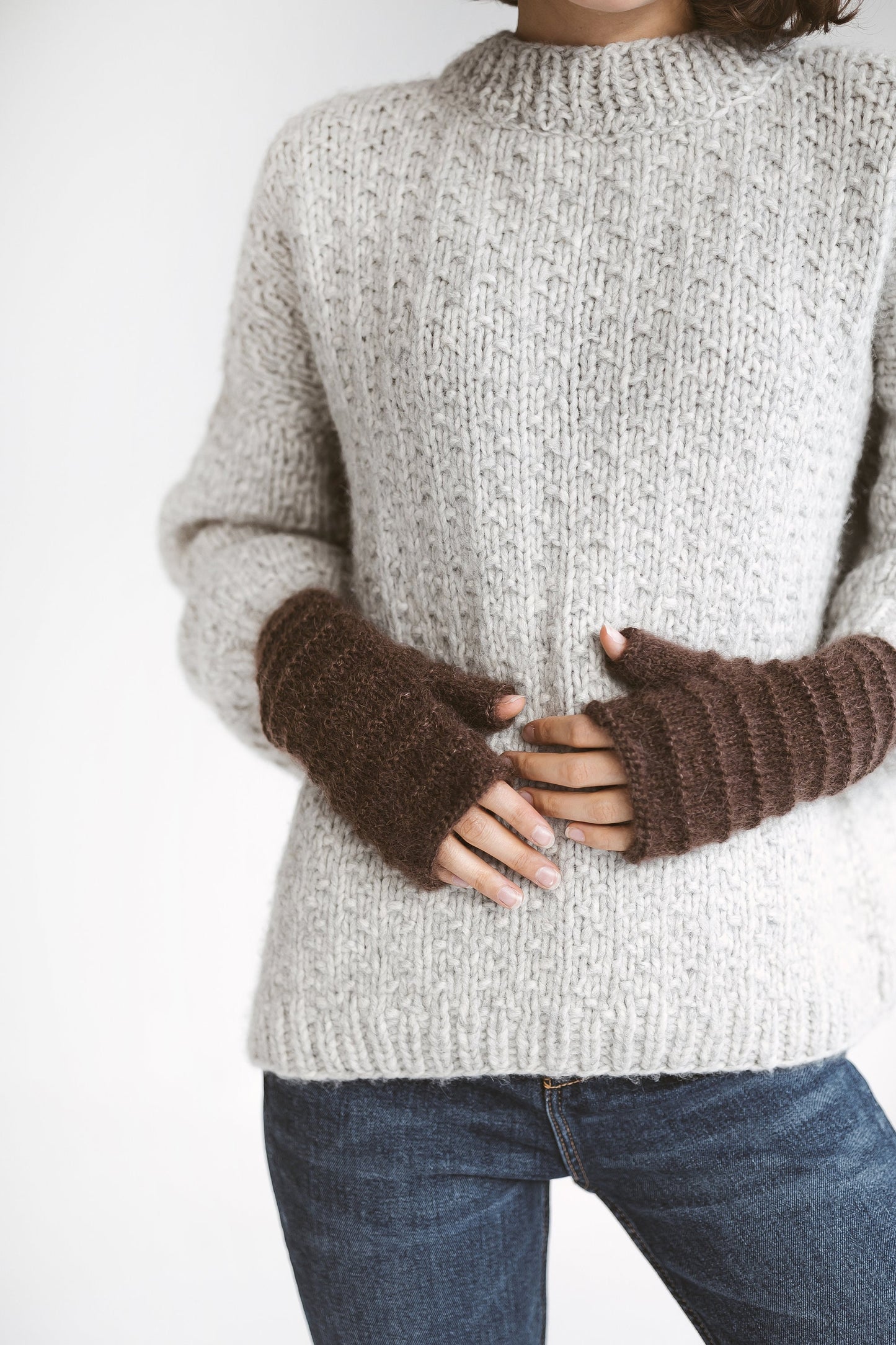 Brown mohair fingerless gloves, cable knit women mittens, knitted hand warmers, alpaca wool fingerless winter gloves, long warm gloves