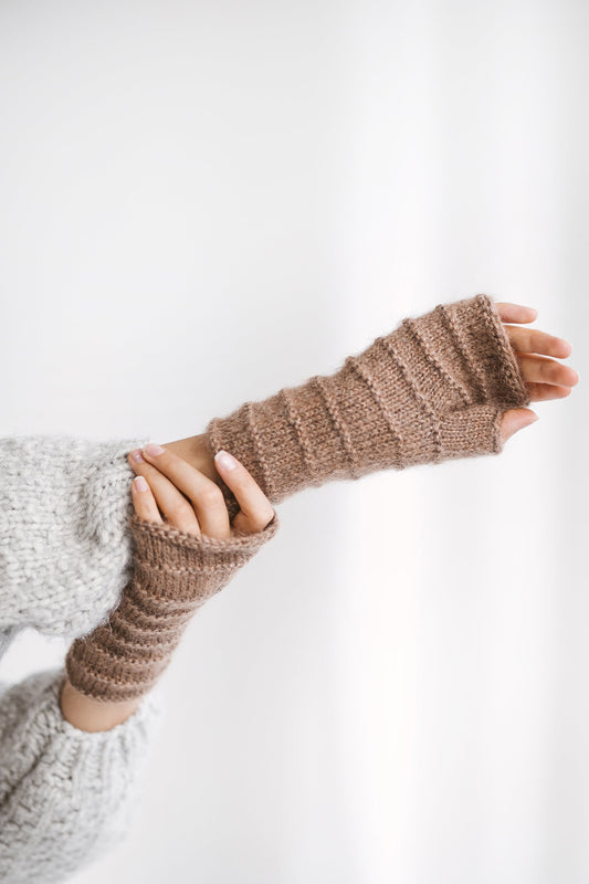 Almond mohair fingerless gloves, creamy women knit mittens, light brown hand warmers, alpaca wool winter gloves, cable knit wrist warmers