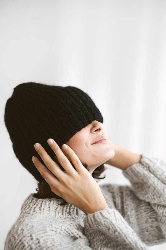Black cable knit alpaca hat, woman knitted hat, winter wool beanie, boho fuzzy hat, hand knit ribbed beanie, gift for women, Christmas gift
