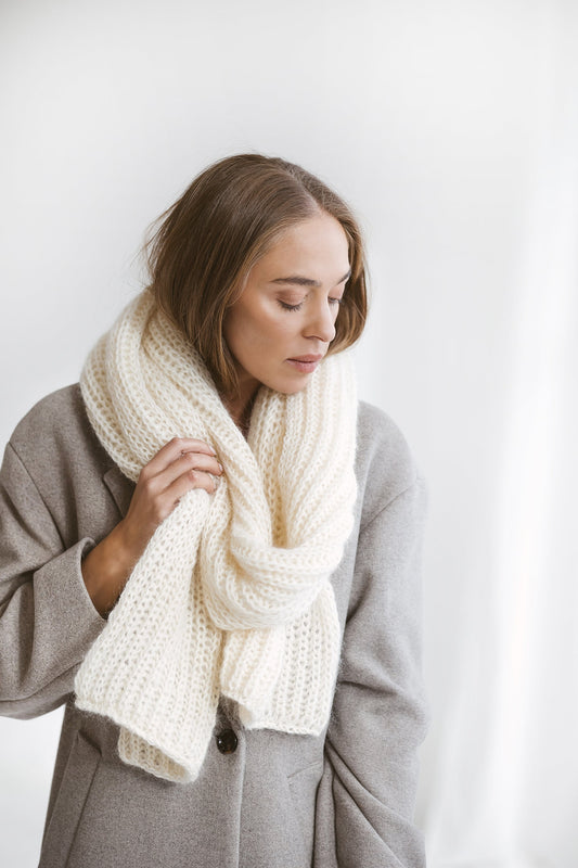 Ribbed Knit White Mohair Scarf, Long Milky Cable Knit Oversize Alpaca Wool Scarf, Women Fuzzy Knitted Shawl, Unisex Winer Wrap, Gift For Her