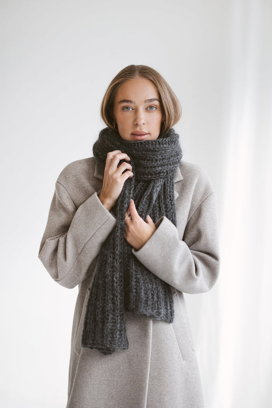 Gray cable knit mohair scarf, long oversized alpaca scarf, ribbed knit winter scarves, grey cowl scarf, man, woman, unisex, knitted shawl