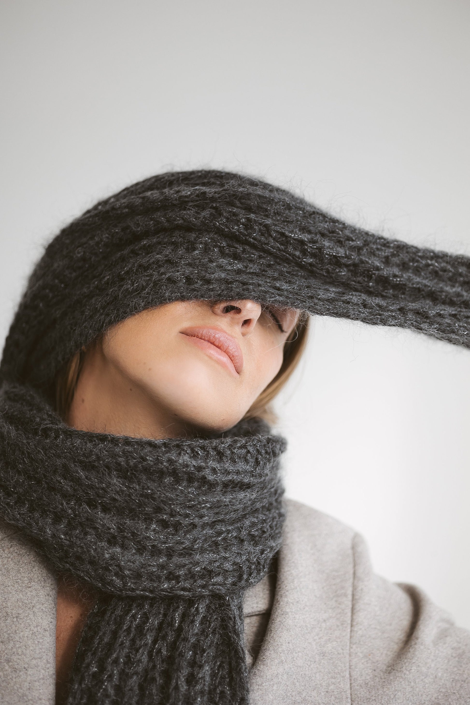 Gray cable knit mohair scarf, long oversized alpaca scarf, ribbed knit winter scarves, grey cowl scarf, man, woman, unisex, knitted shawl