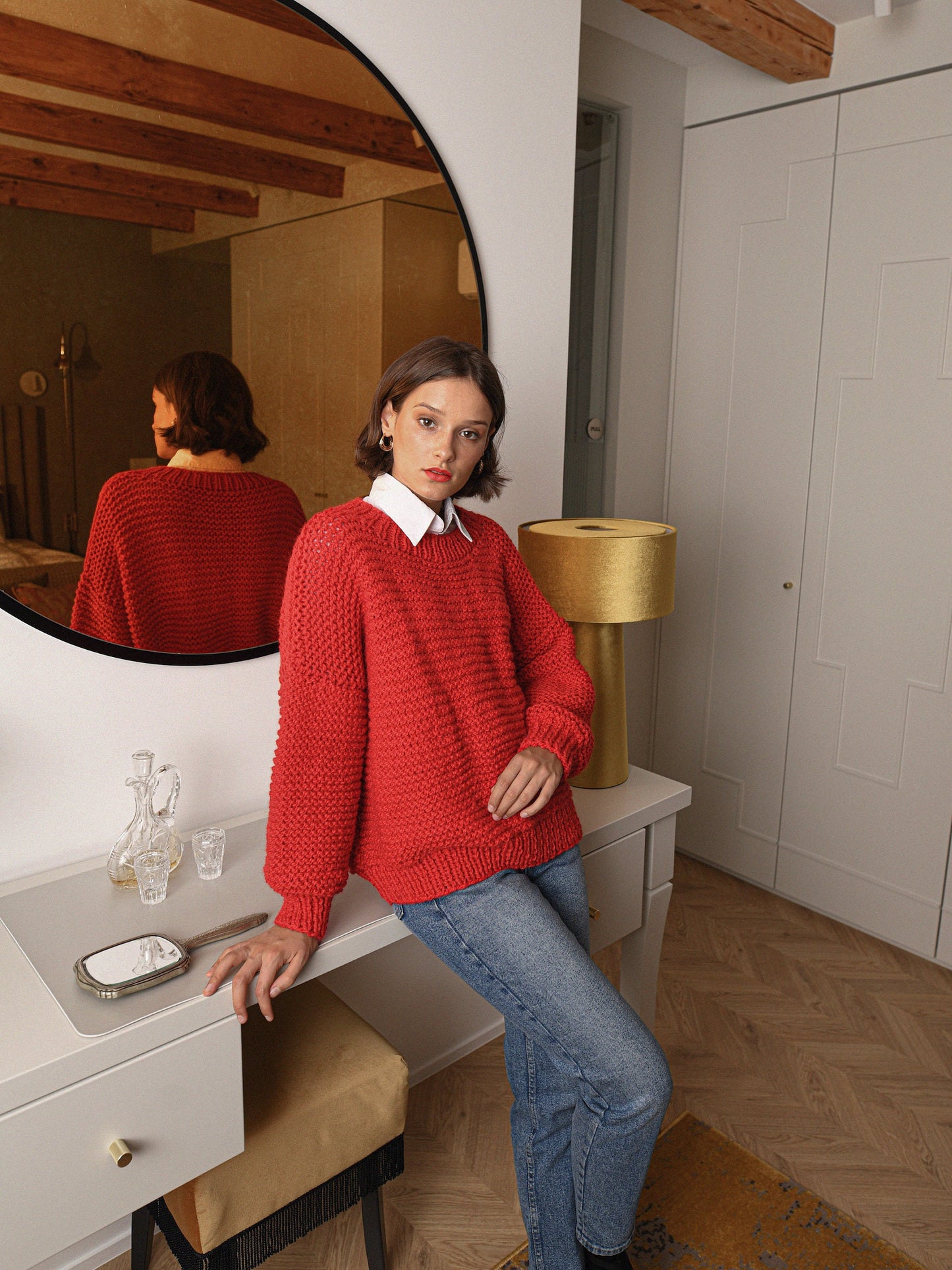 Red Oversize Alpaca Sweater, Chunky Scarlet Red Wool Jumper, Crew Neck Pullover, Cable Knit Women Pullover, Loose Knitted Christmas Sweater