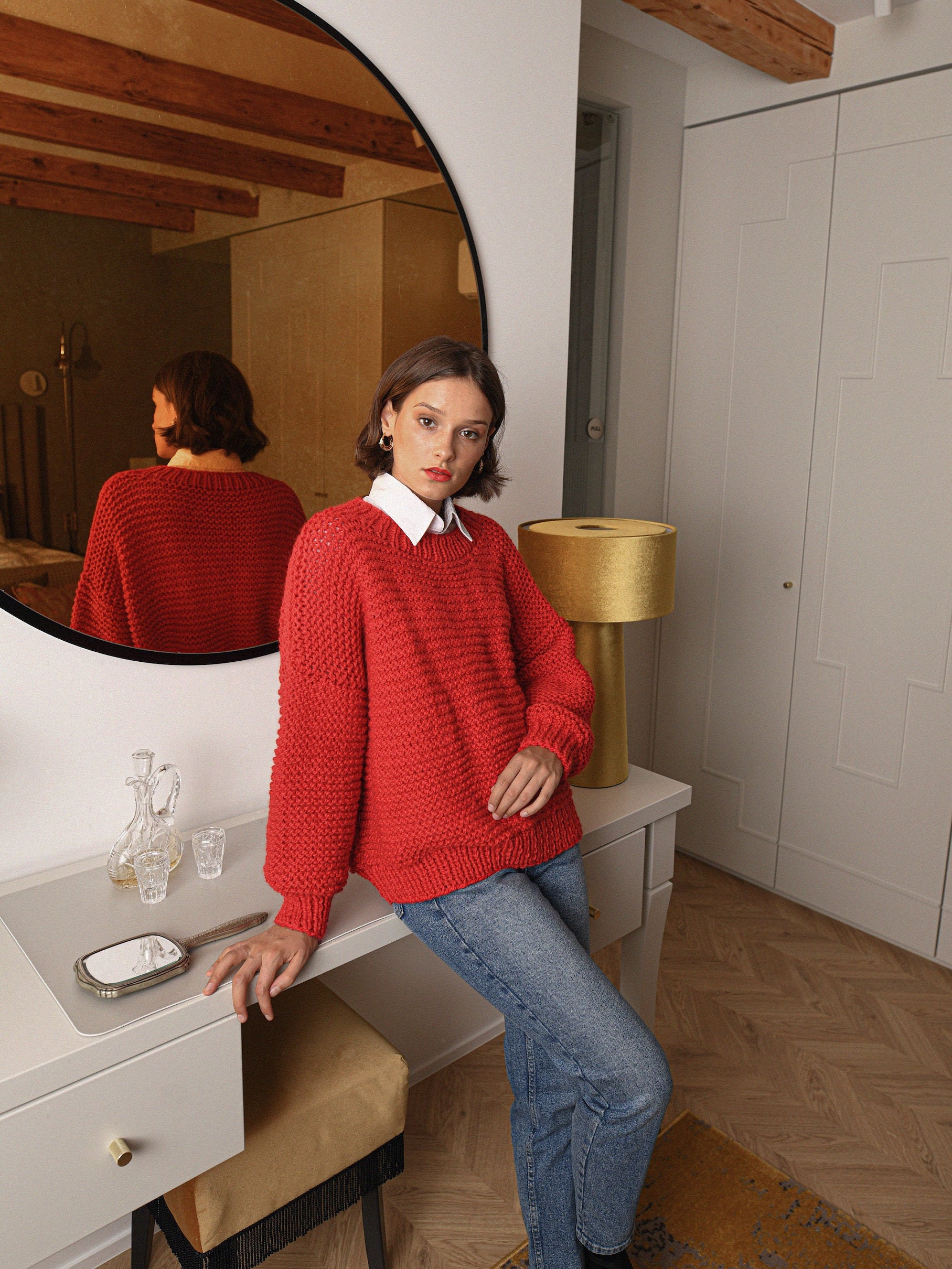 Red Oversize Alpaca Sweater, Chunky Scarlet Red Wool Jumper, Crew Neck Pullover, Cable Knit Women Pullover, Loose Knitted Christmas Sweater