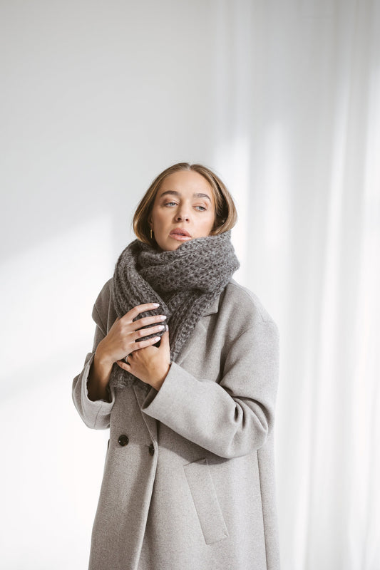 Gray cable knit alpaca scarf, long oversized alpaca scarf, ribbed knit winter scarves, grey cowl scarf, man, woman, unisex, knitted shawl