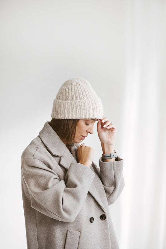 White fisherman alpaca beanie, milky women knitted hat, winter cable knit beanie, ribbed knit wool cap, gift for women, unisex skull beanie