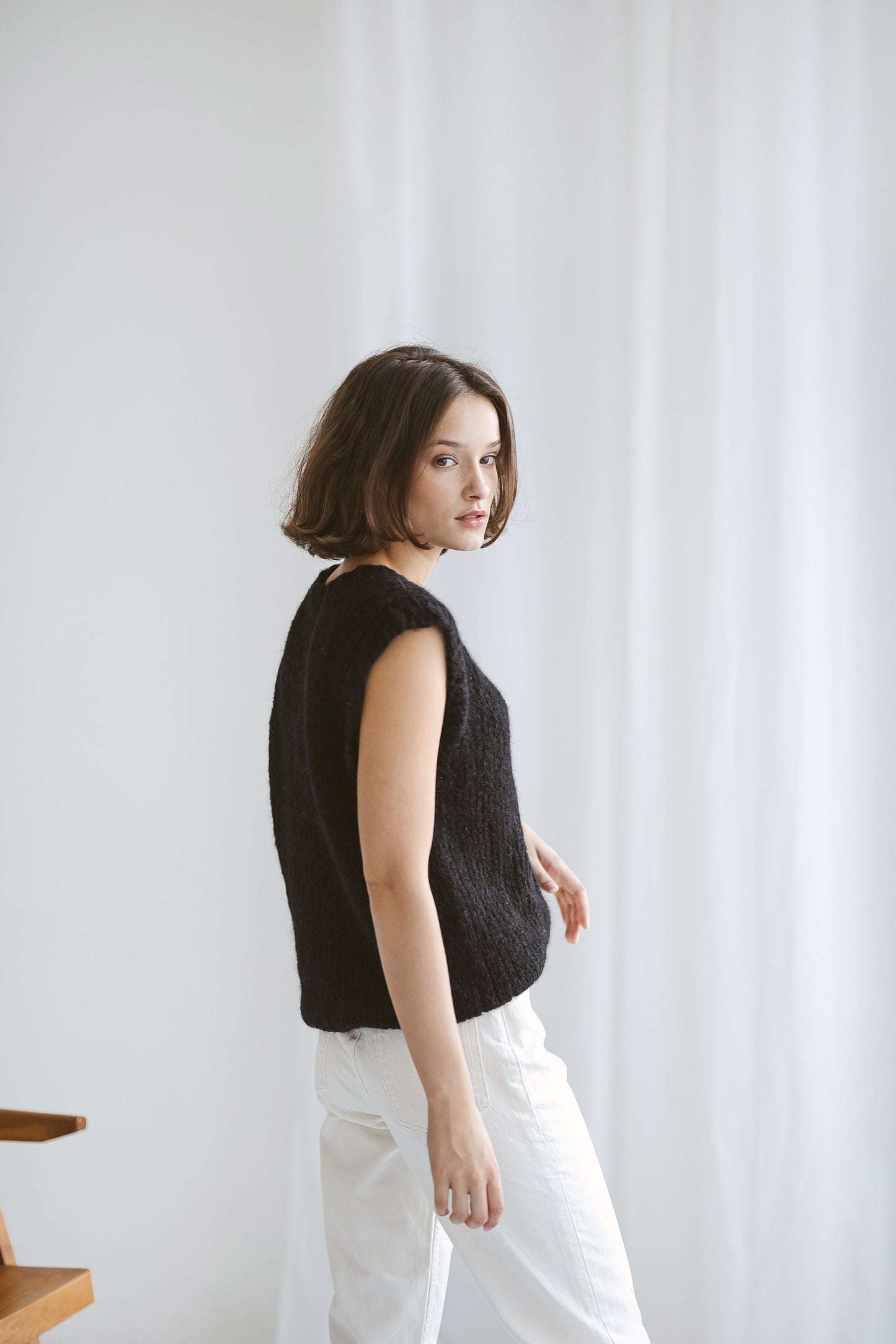 Black Knitted Sweater Vest, Cable Knit Alpaca Wool Knit Top, Chunky Knit Vest For Women, Ladies Relax Fit Crew Neck Top, Minimalist Vest