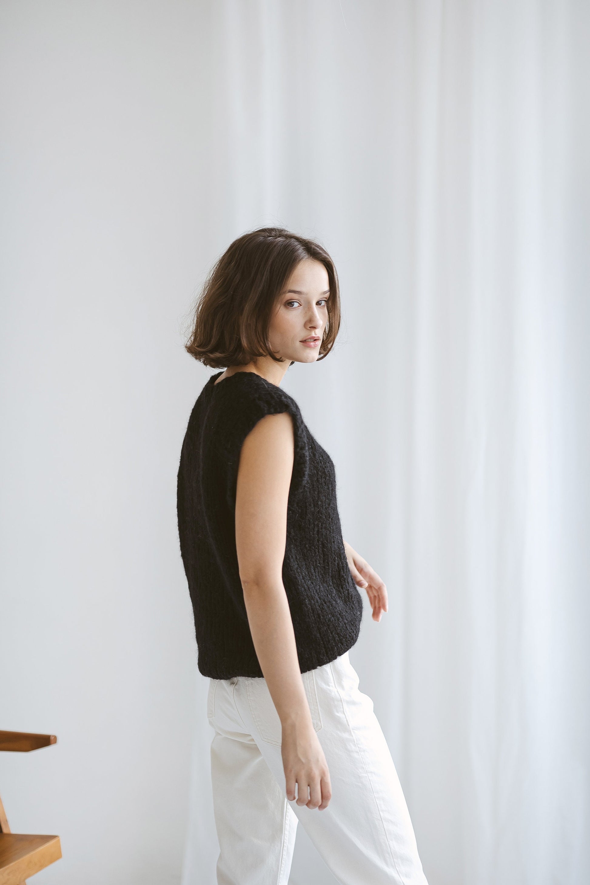 Black Knitted Sweater Vest, Cable Knit Alpaca Wool Knit Top, Chunky Knit Vest For Women, Ladies Relax Fit Crew Neck Top, Minimalist Vest