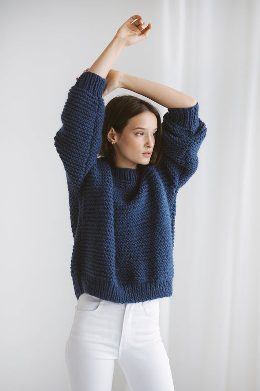 Blue Oversize Alpaca Sweater, Chunky Royal Blue Wool Sweater, Crew Neck Pullover, Cable Knit Women Pullover, Oversized Jumper