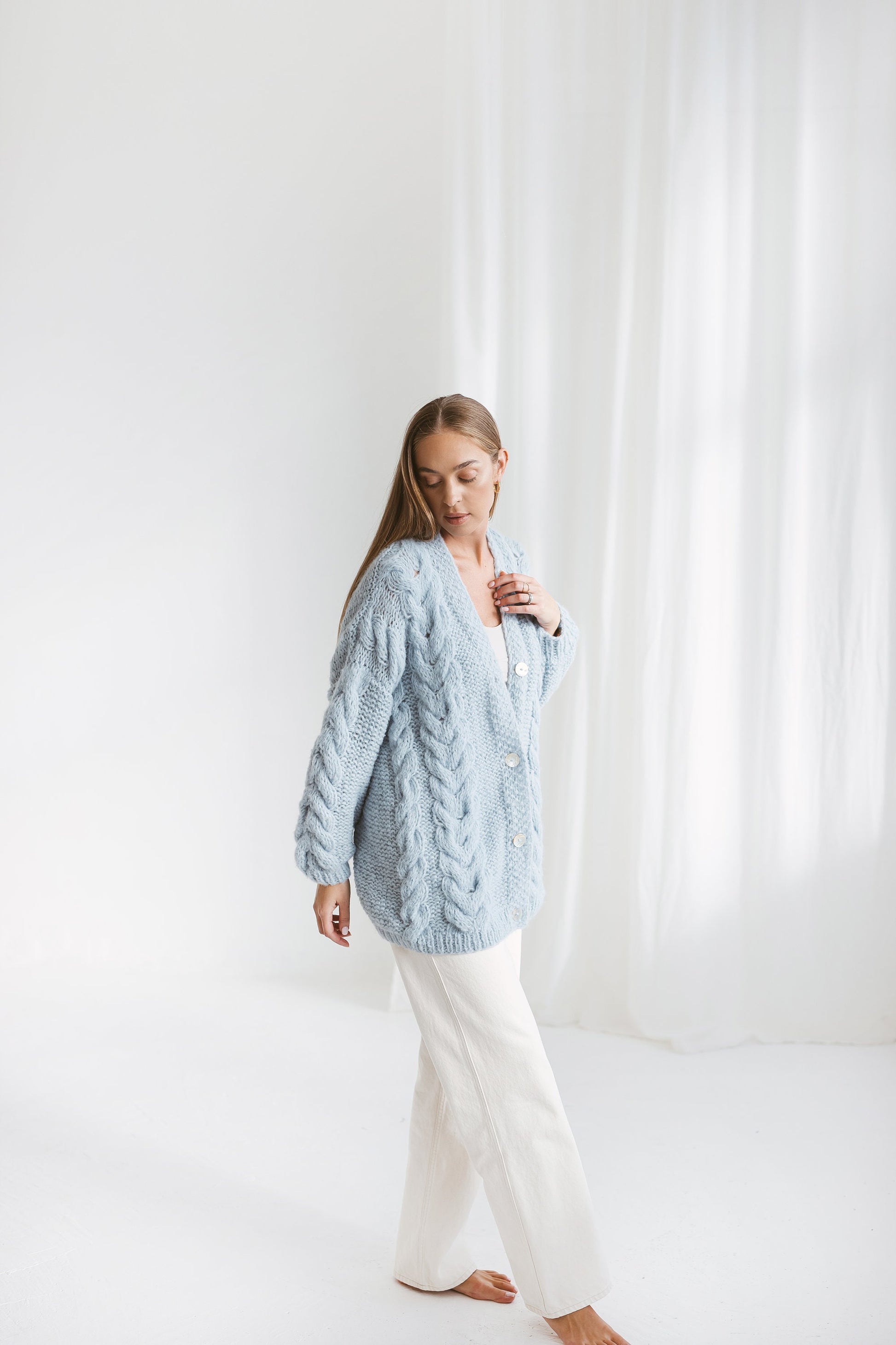 Sky Blue Alpaca Cardigan With Buttons, Light Blue Oversized Cable Knit Buttoned Cardigan, Chunky Knit Loose Alpaca Wool Sweater For Women