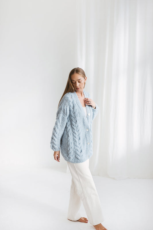 Sky Blue Alpaca Cardigan With Buttons, Light Blue Oversized Cable Knit Buttoned Cardigan, Chunky Knit Loose Alpaca Wool Sweater For Women