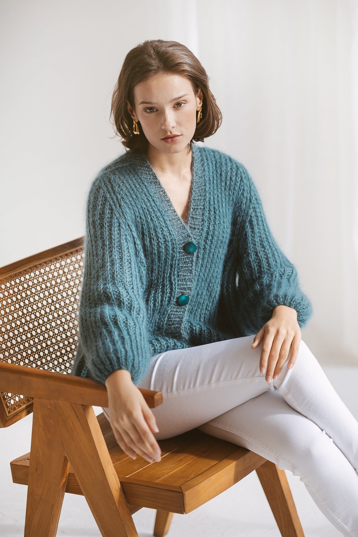 Teal Green Mohair Cardigan With Buttons, Fuzzy Turquoise Blue Alpaca Wool  Sweater, Light Fuzzy Oversized Cardigan, Chunky Cable Knit Cardi