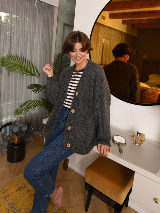 Gray Wool Cardigan With Buttons And Deep Pockets, Dark Grey Oversized Cardigan, Minimalist Chunky Cardigan, Cable Knit Cardigan For Women
