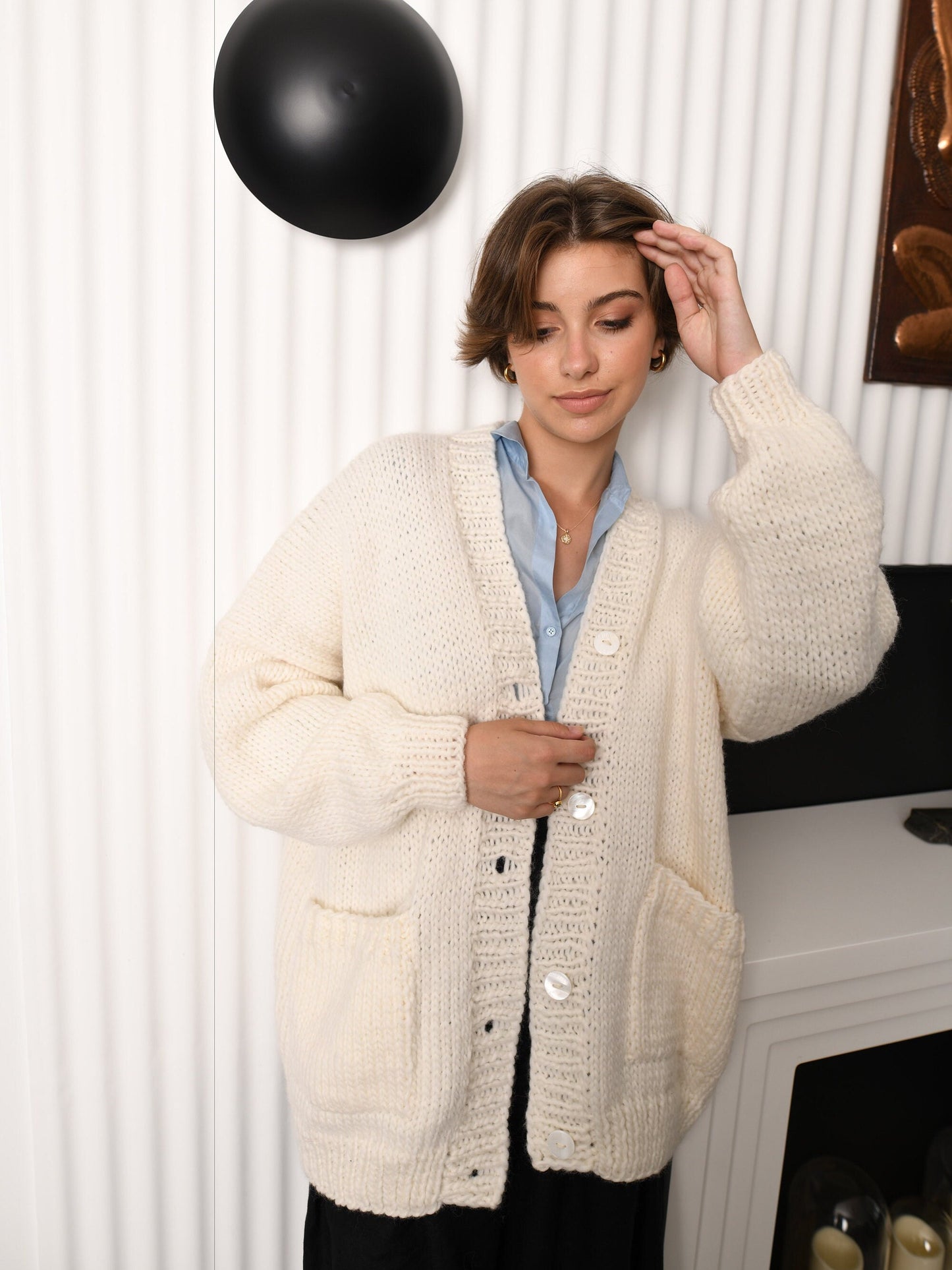 White Wool Cardigan With Buttons And Deep Pockets, Snow White Oversized Cardigan, Minimalist Chunky Cardigan, Cable Knit Cardigan For Women