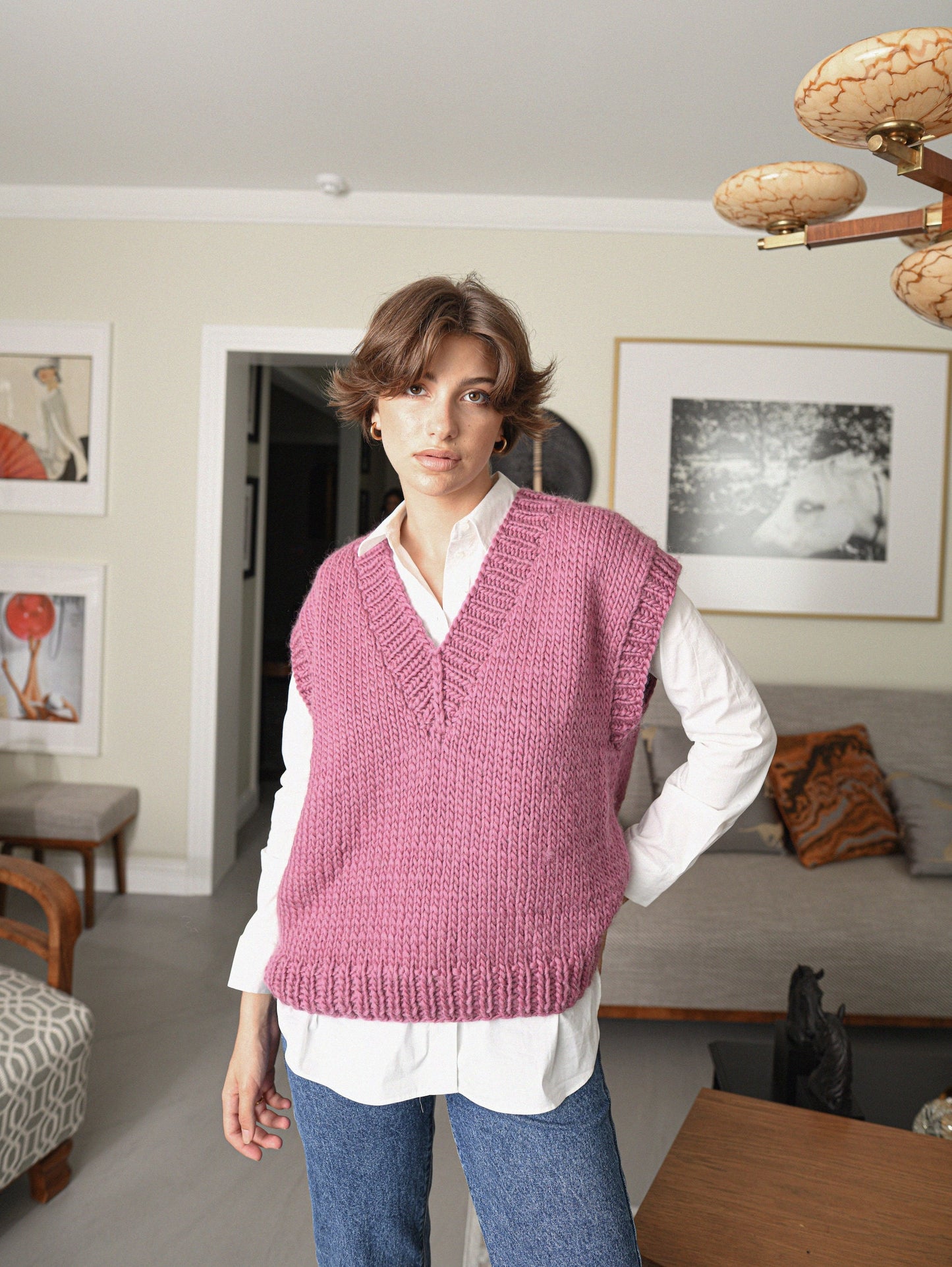 Old Pink Knit Sweater Vest, Cable Knit Wool Top, Chunky Knit Gilet For Women, Ladies Relax V Neck Top, Weste Damen, Strickweste, Knitted
