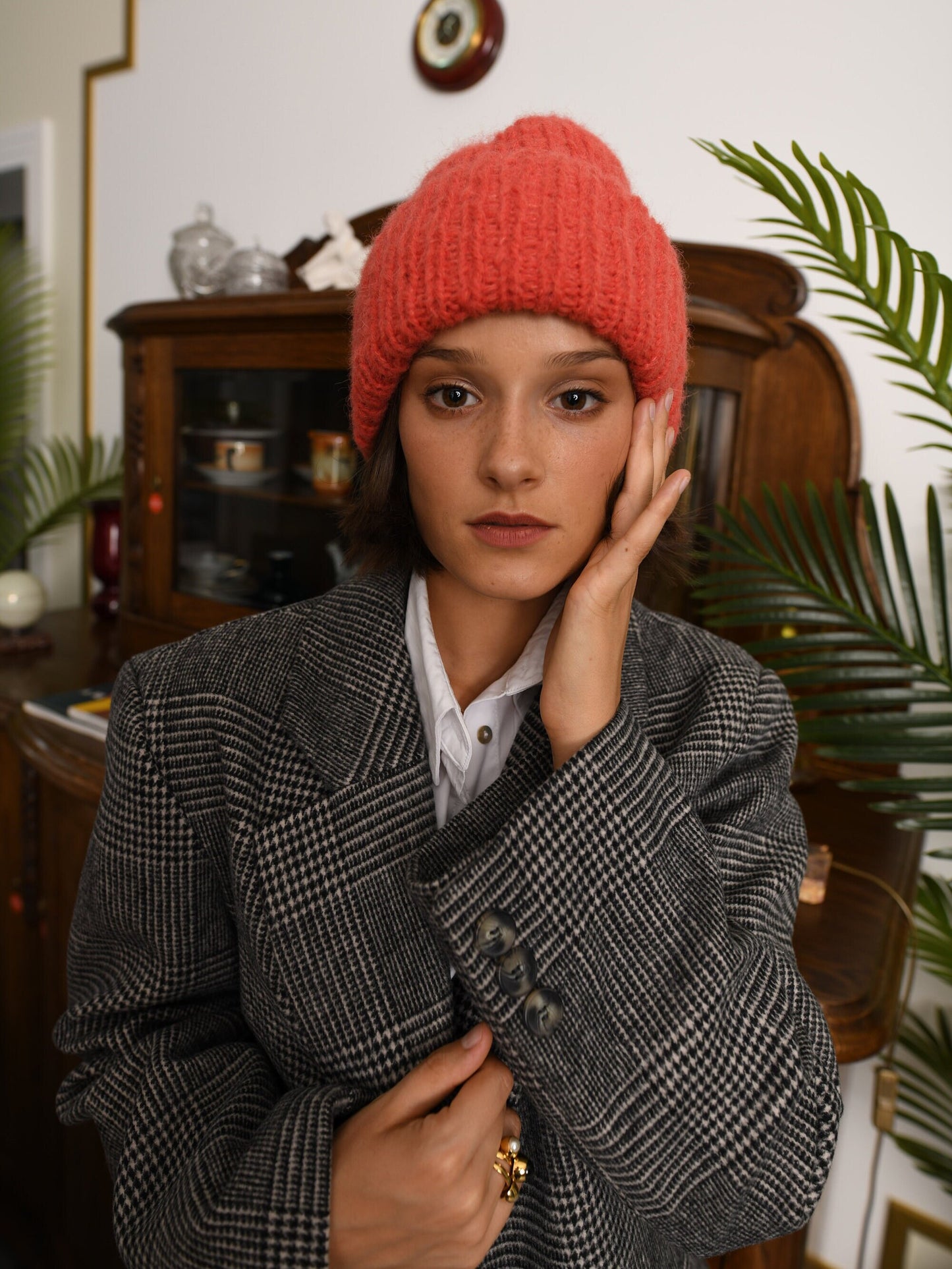 Coral pink cable knit alpaca hat, peach pink woman knitted cap, winter wool beanie, salmon red rib knit ribbed beanie, gift for Christmas