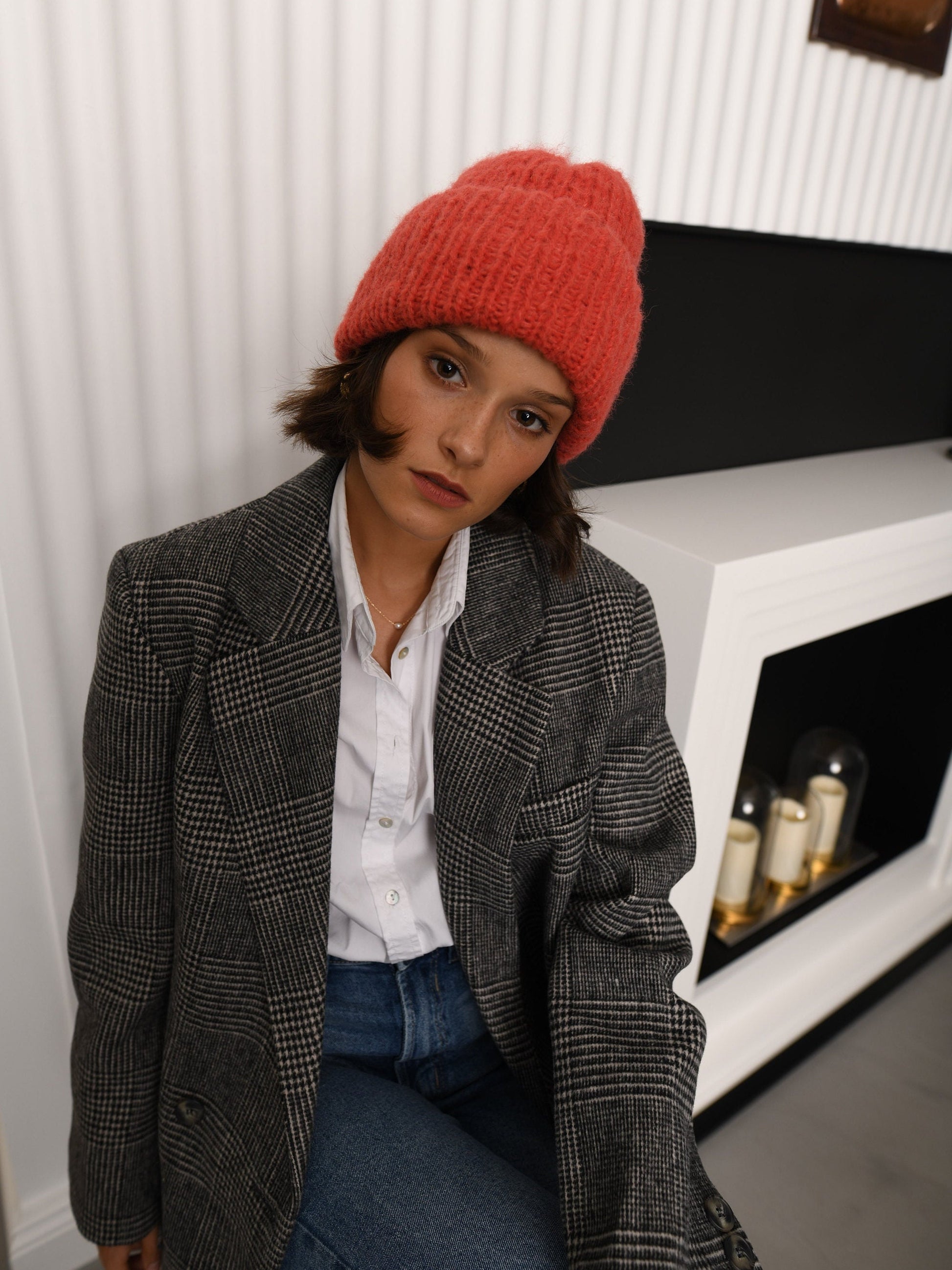 Coral pink cable knit alpaca hat, peach pink woman knitted cap, winter wool beanie, salmon red rib knit ribbed beanie, gift for Christmas