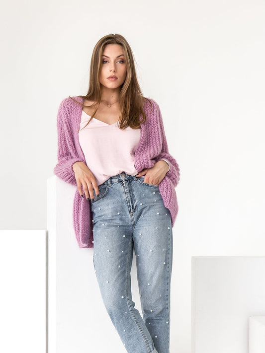 Cable knit mohair cardigan, pink mohair sweater, fuzzy oversized alpaca cardigan