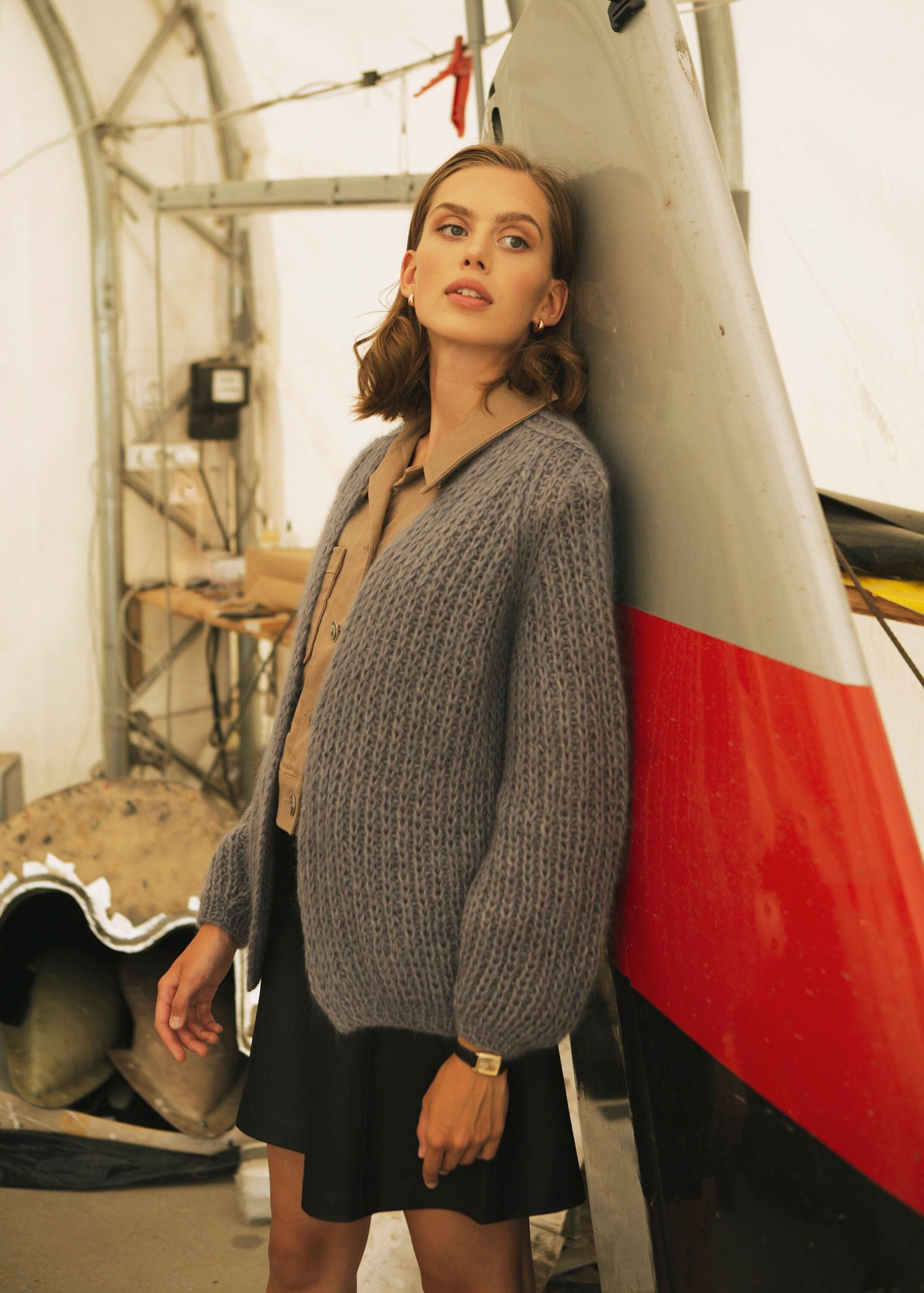 Gary fluffy hand knit slightly oversized mohair cardigan, ash grey cable knitted alpaca wool and silk blend fuzzy sweater, chunky loose fit