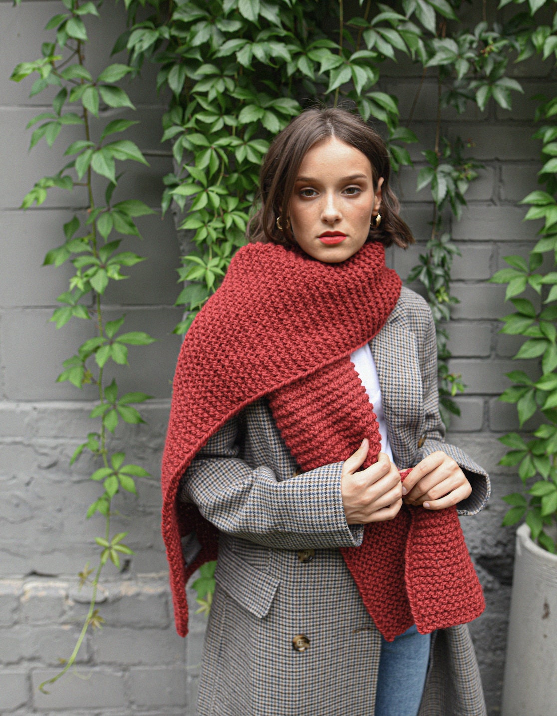 Bordeaux alpaca wool scarf, cherry red chunky knit long scarf, oversize neck warmer, knitted shawl for women, blanket unisex scarves, gift