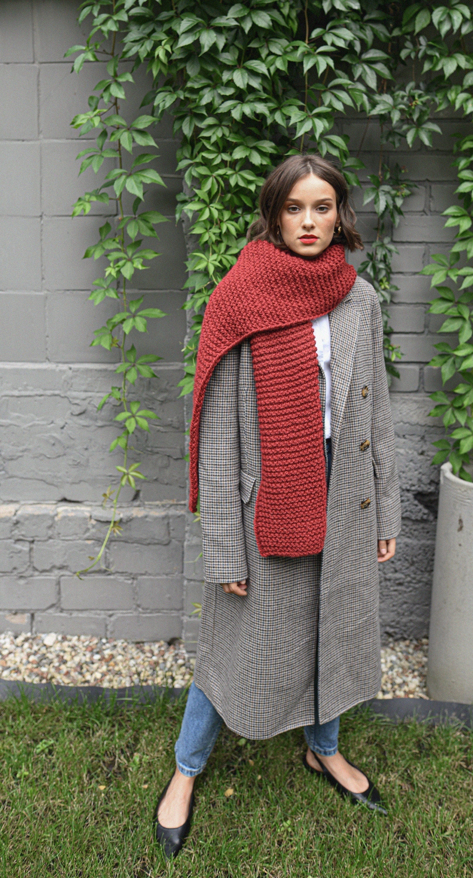 Bordeaux alpaca wool scarf, cherry red chunky knit long scarf, oversize neck warmer, knitted shawl for women, blanket unisex scarves, gift