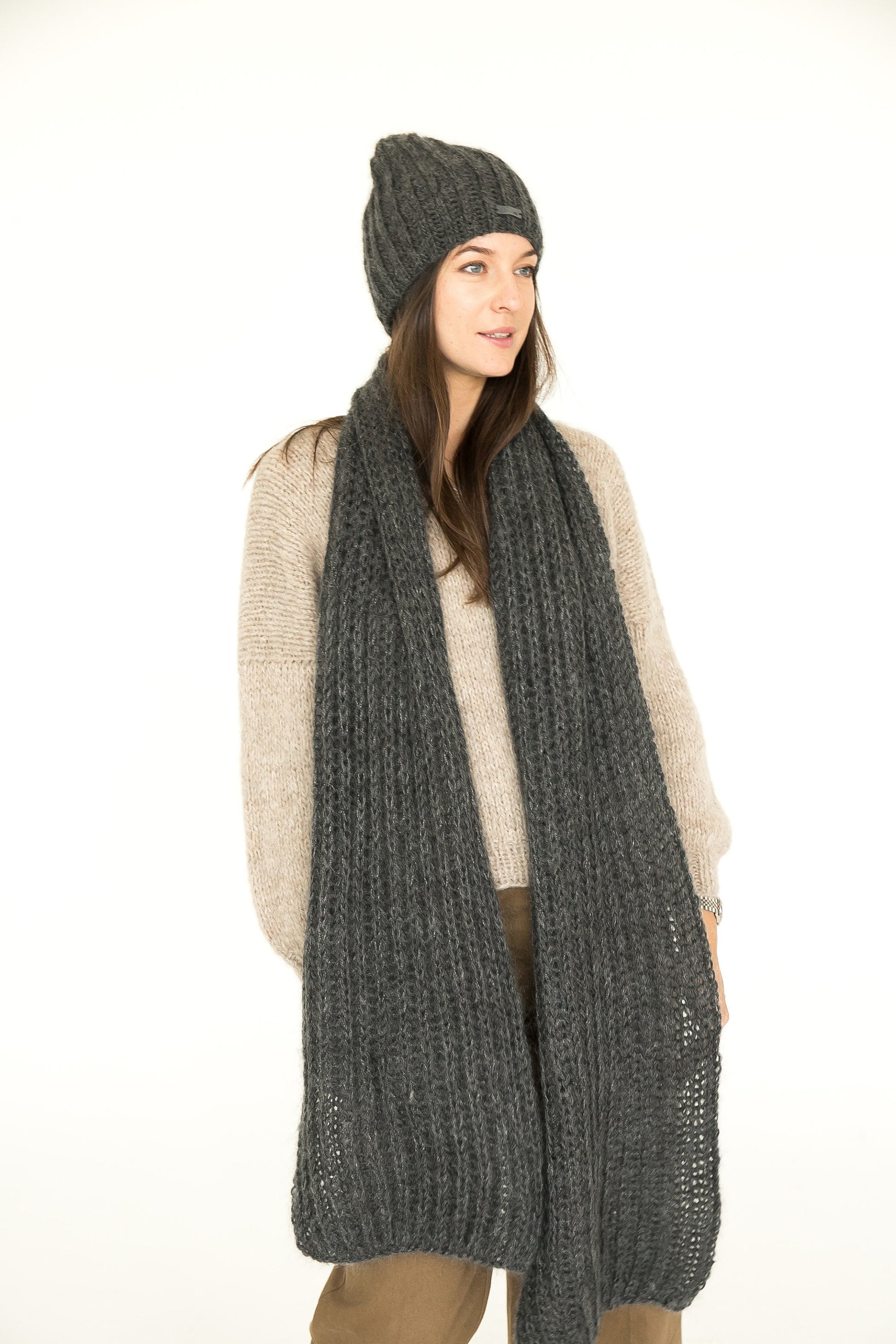 Gray knit hat and scarf set, fuzzy mohair scarf, fluffy mohair hat, alpaca slouchy beanie, knitted winter scarf, oversized scarf,chunky knit